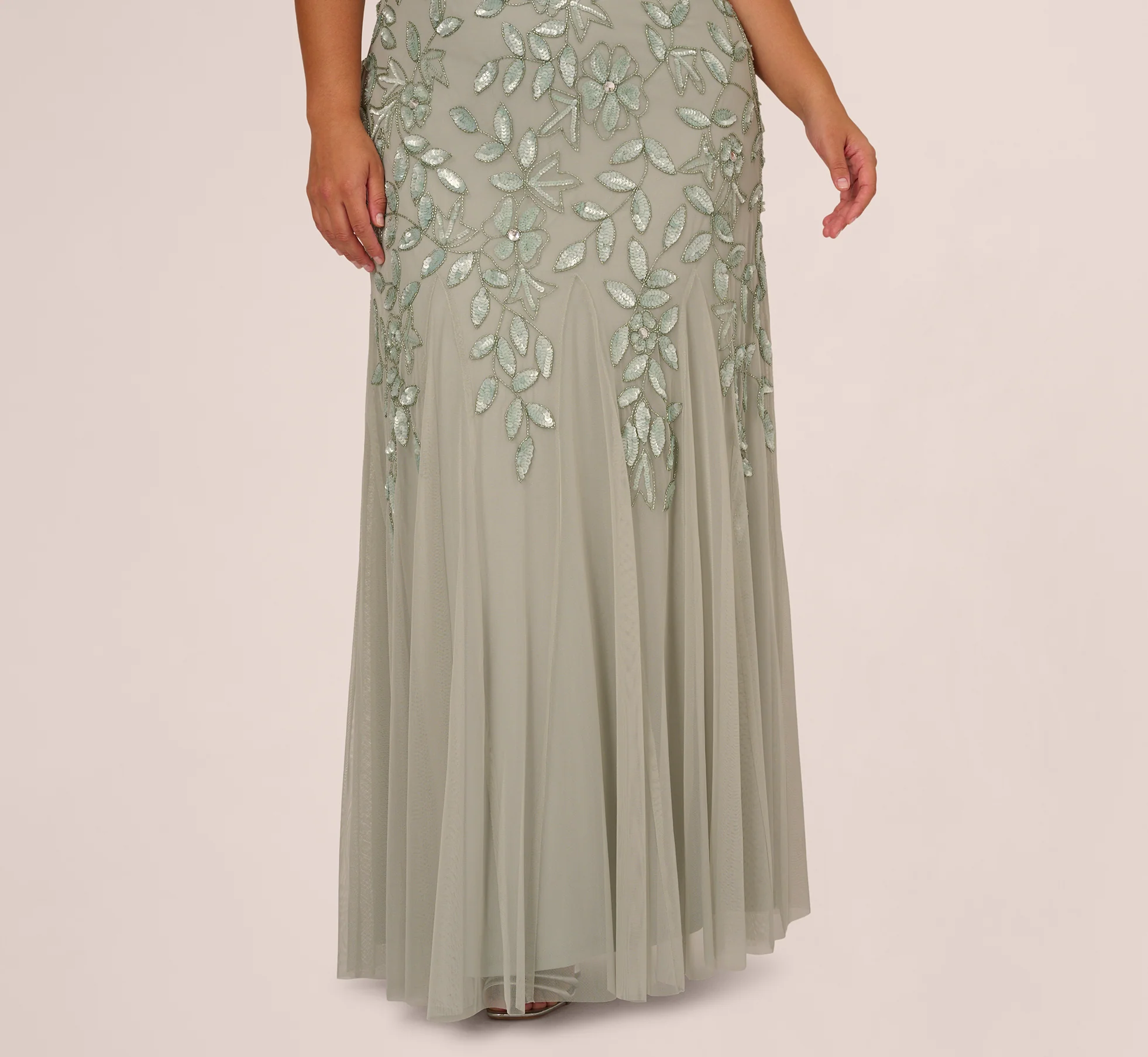 Plus Size Hand Beaded Short Sleeve Floral Godet Gown In Frosted Sage - Image 4
