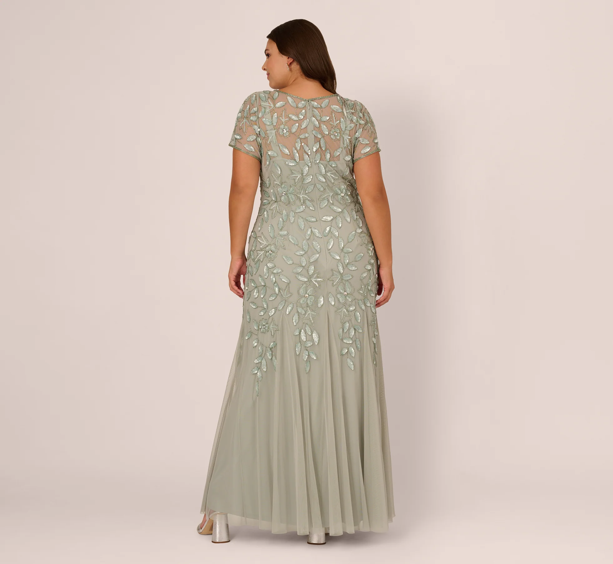 Plus Size Hand Beaded Short Sleeve Floral Godet Gown In Frosted Sage - Image 5