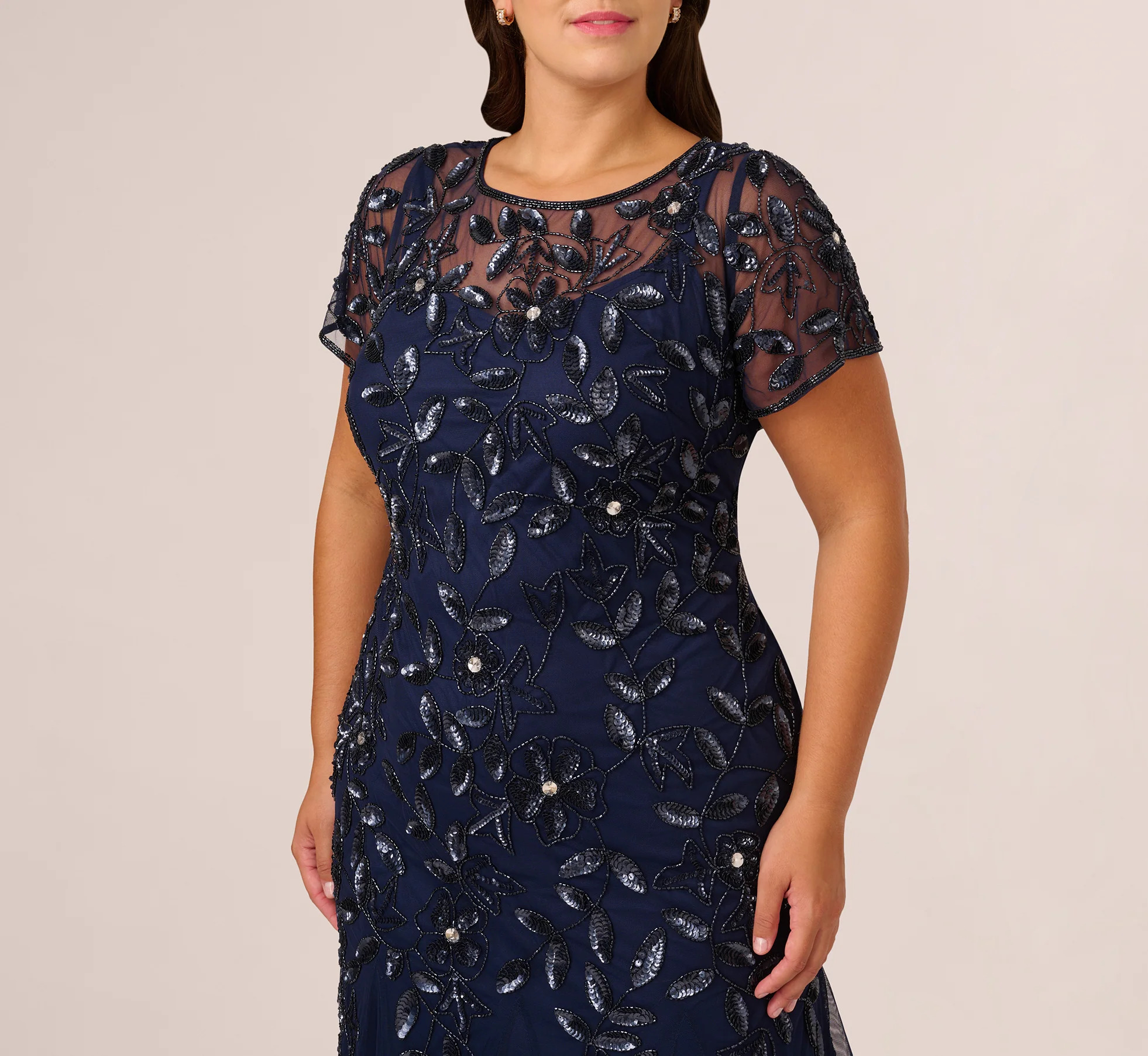 Plus Size Hand Beaded Short Sleeve Floral Godet Gown In Light Navy - Image 3