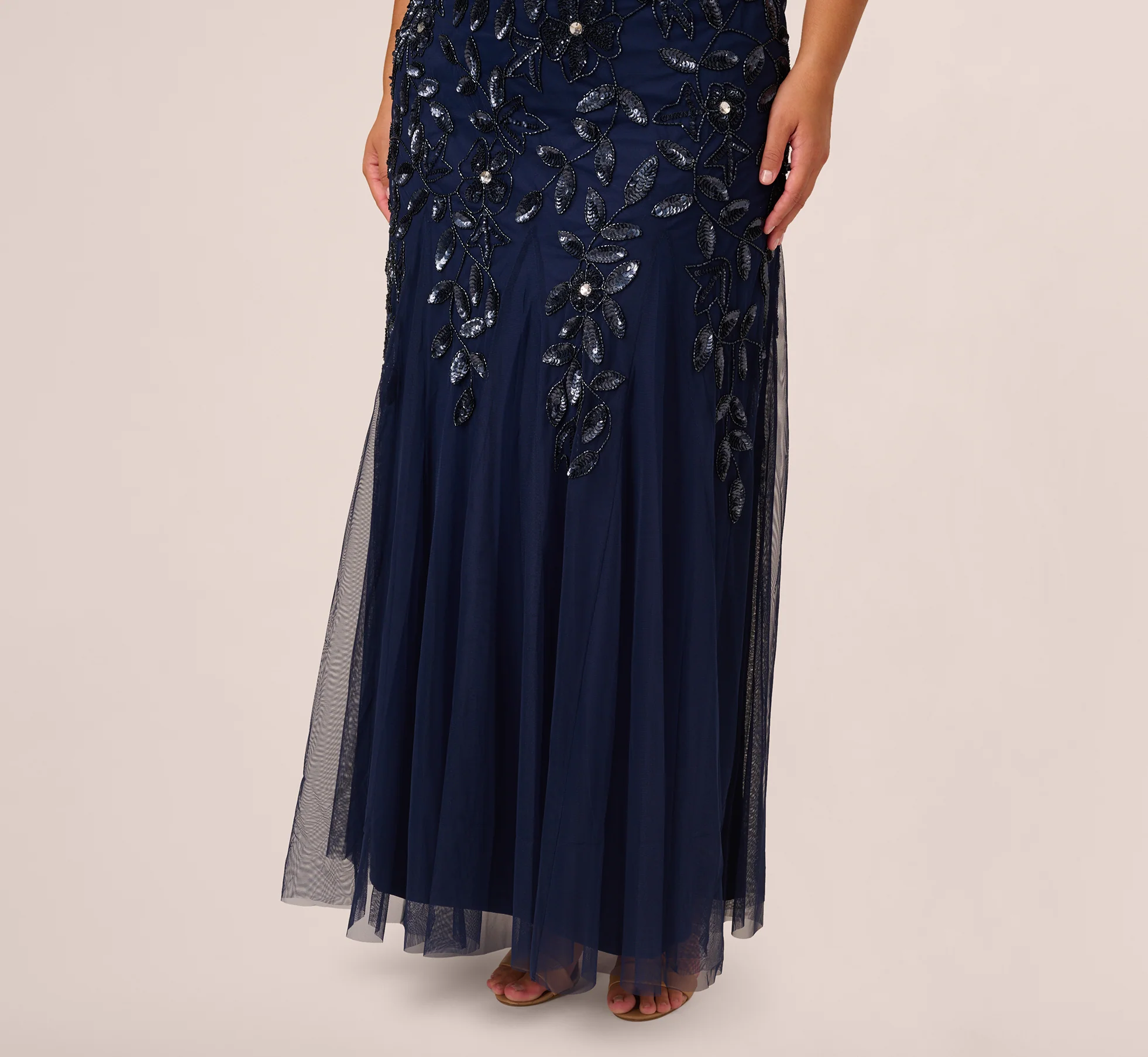 Plus Size Hand Beaded Short Sleeve Floral Godet Gown In Light Navy - Image 4