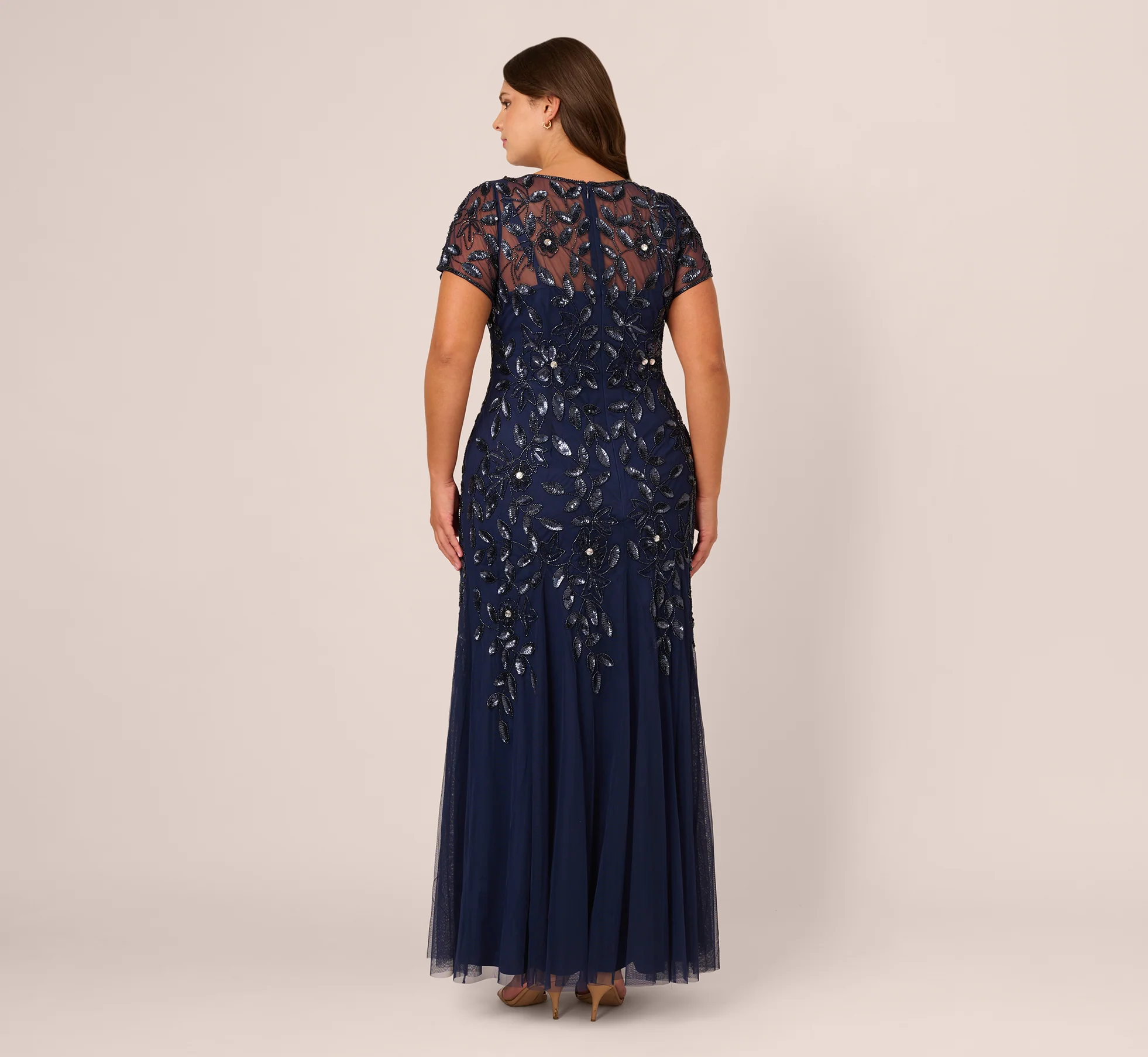 Plus Size Hand Beaded Short Sleeve Floral Godet Gown In Light Navy - Image 5