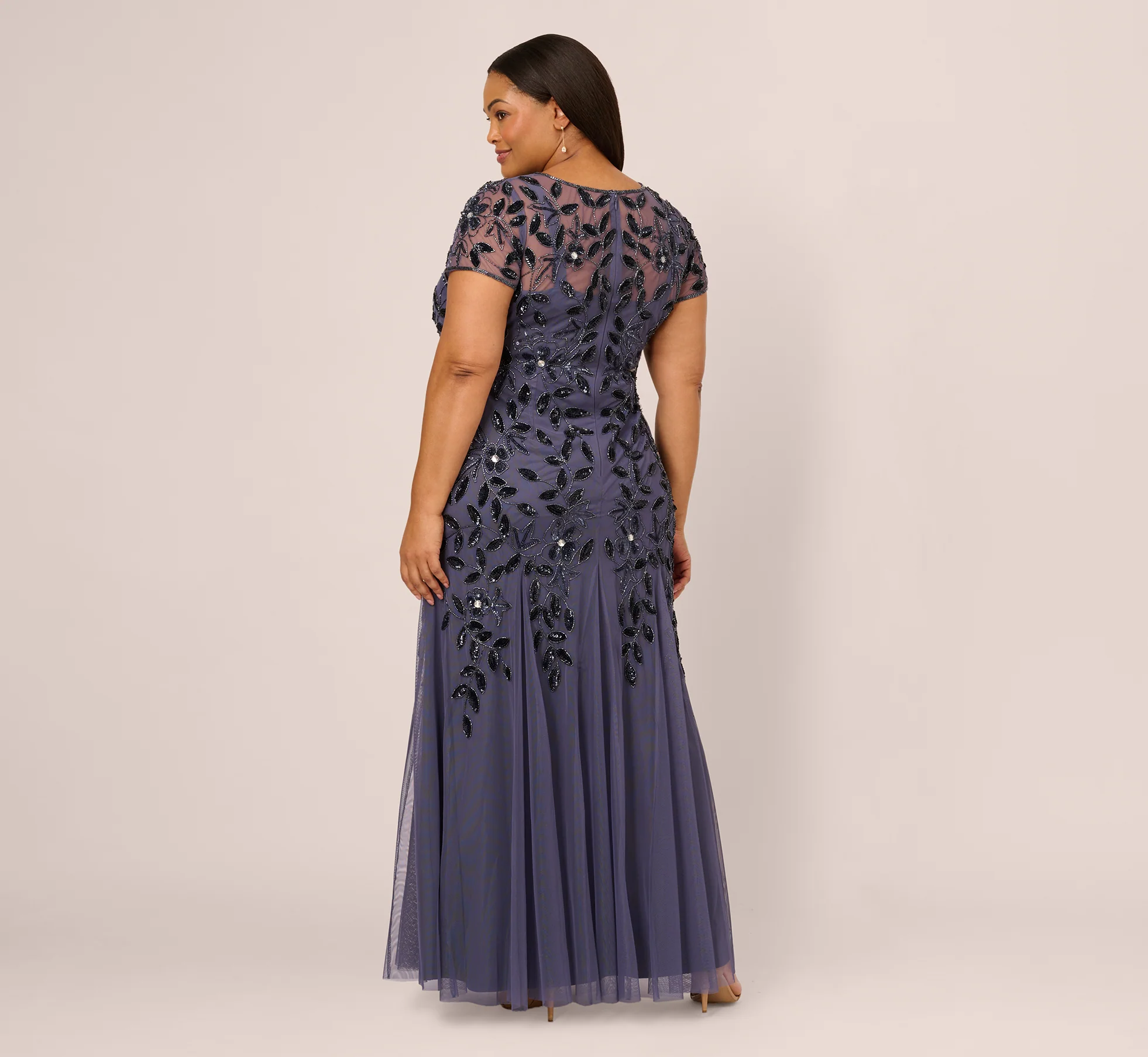 Plus Size Hand Beaded Short Sleeve Floral Godet Gown In Smoky Peri - Image 5