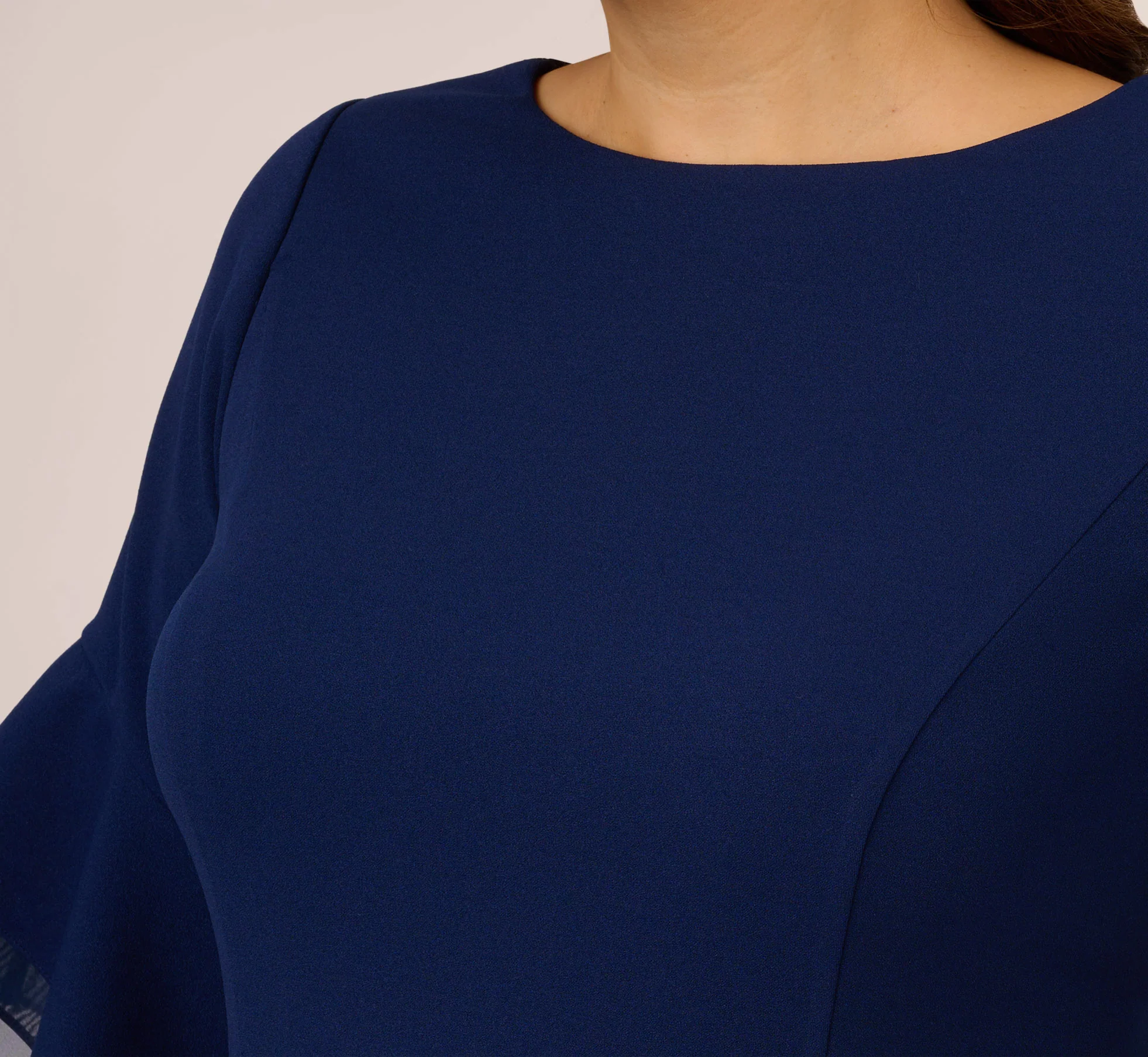 Plus Size Knit Crepe Sheath Dress With Tiered Three Quarter Sleeves In Navy Sateen - Image 3