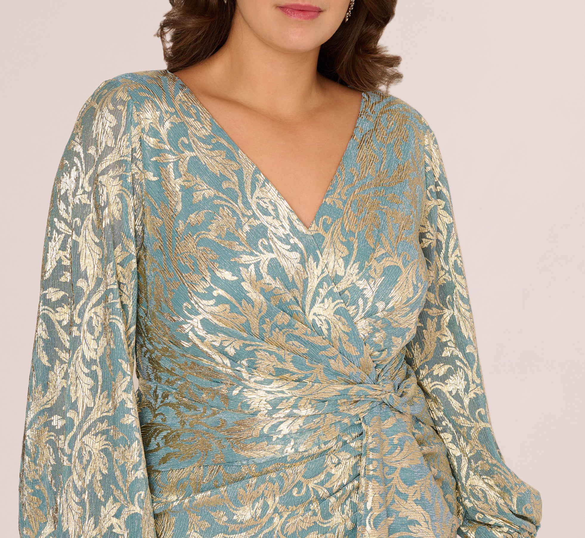 Plus Size Long Sleeve Metallic Crinkle Drape Gown In Mint Gold - Image 4