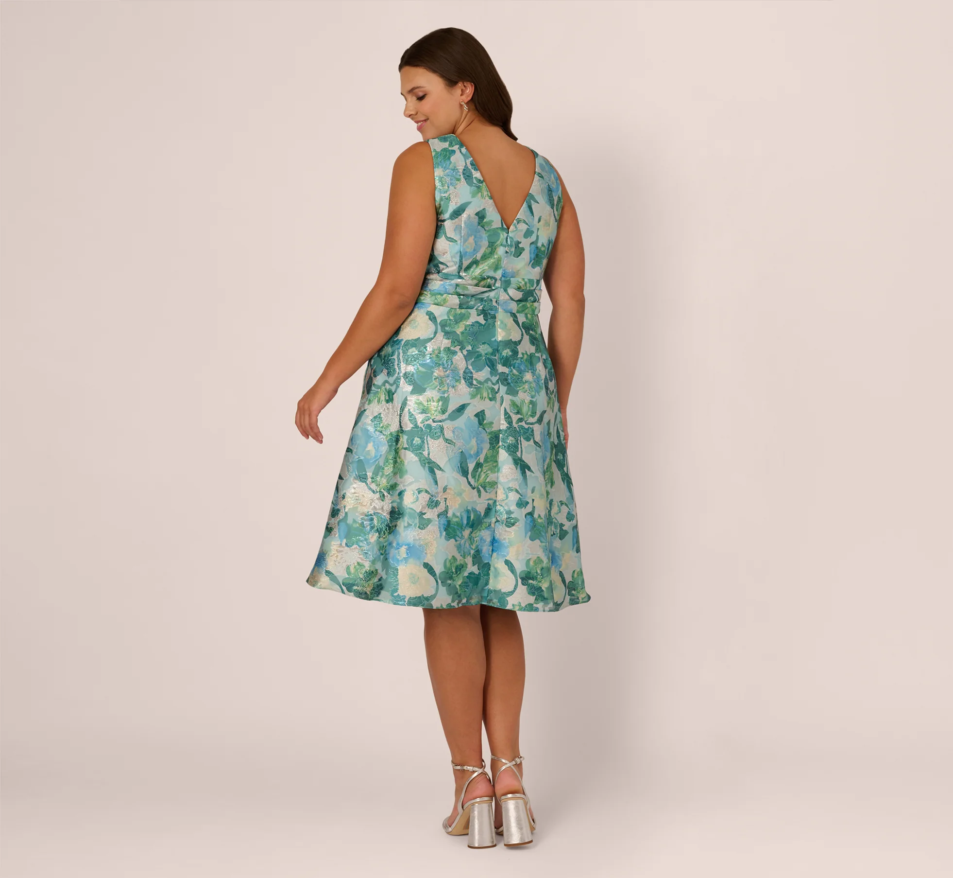 Plus Size Metallic Floral Jacquard Midi Dress In Blue Multi - Image 5