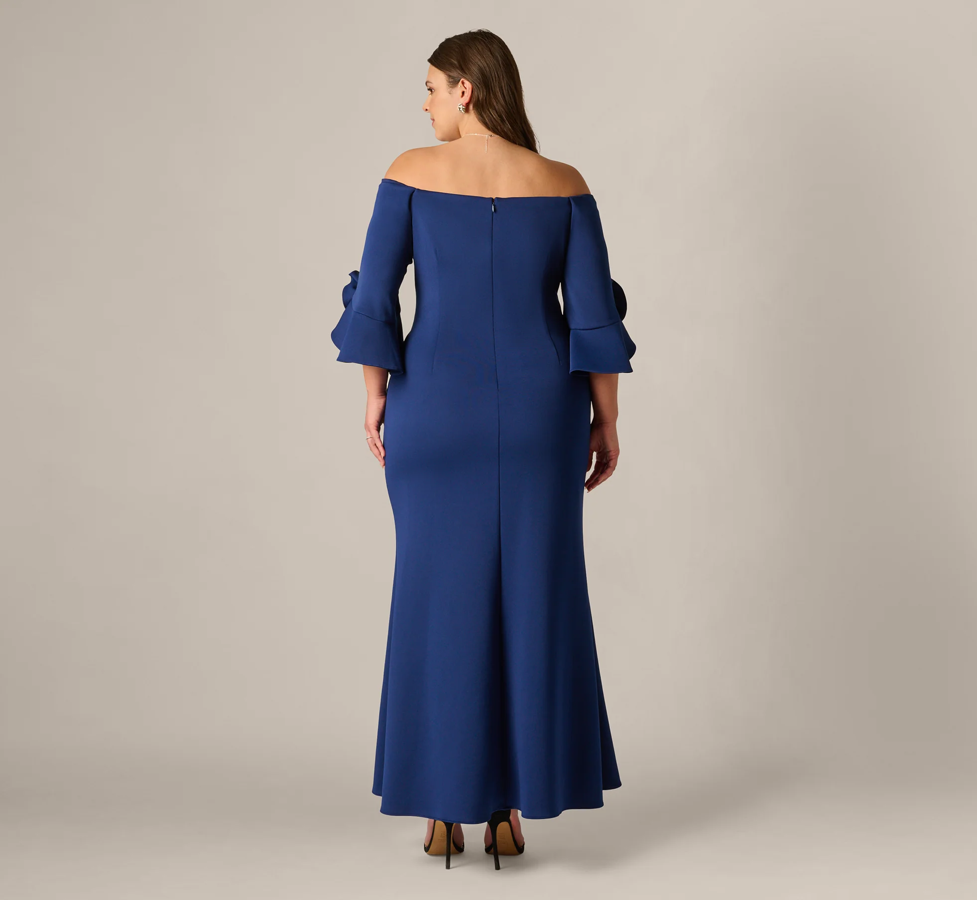 Plus Size Off Shoulder Bell Sleeve Rosette Gown In Navy Sateen - Image 5