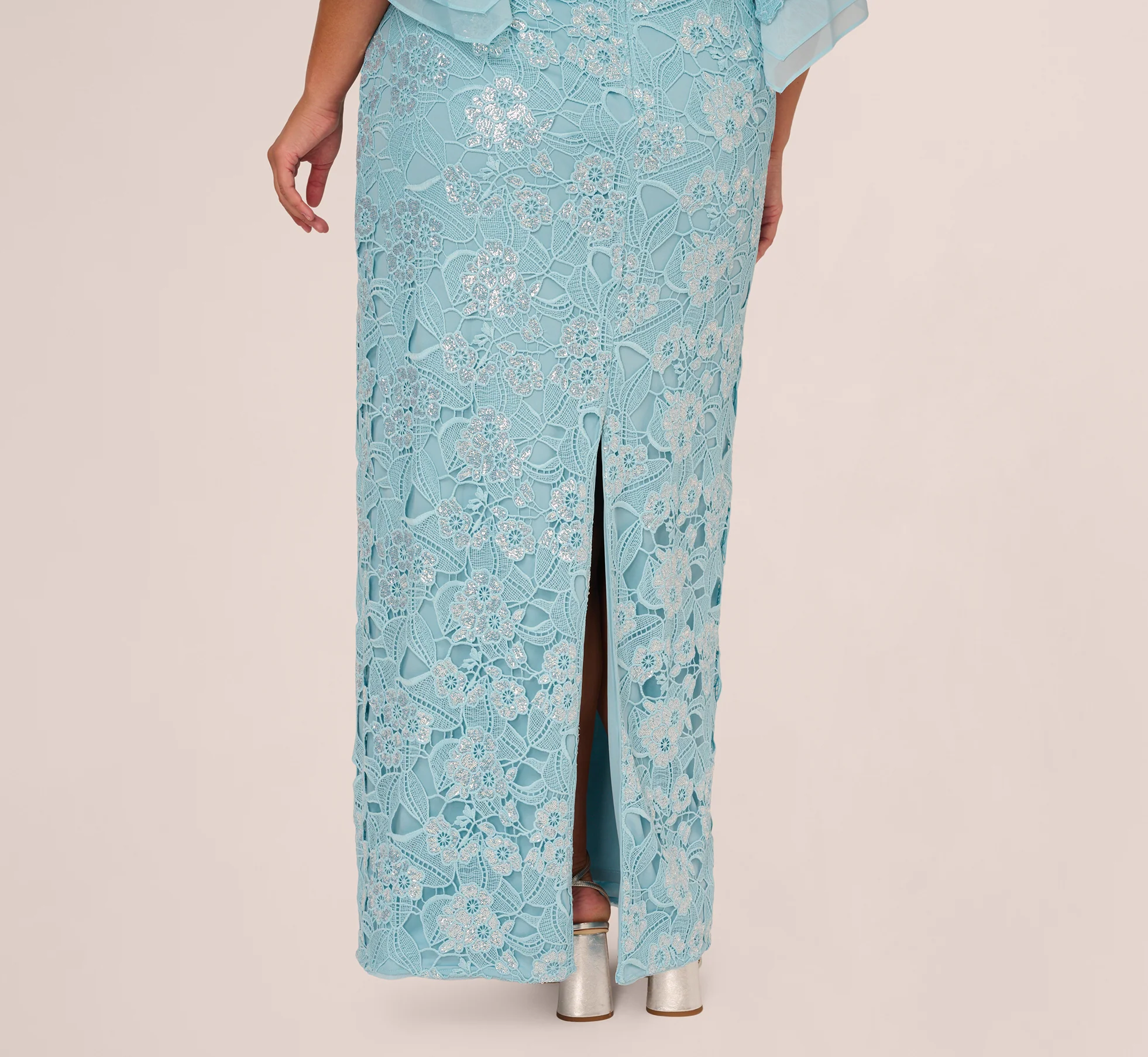 Plus Size Off Shoulder Bell Sleeve Sequin Lace Gown In Airy Aqua - Image 4