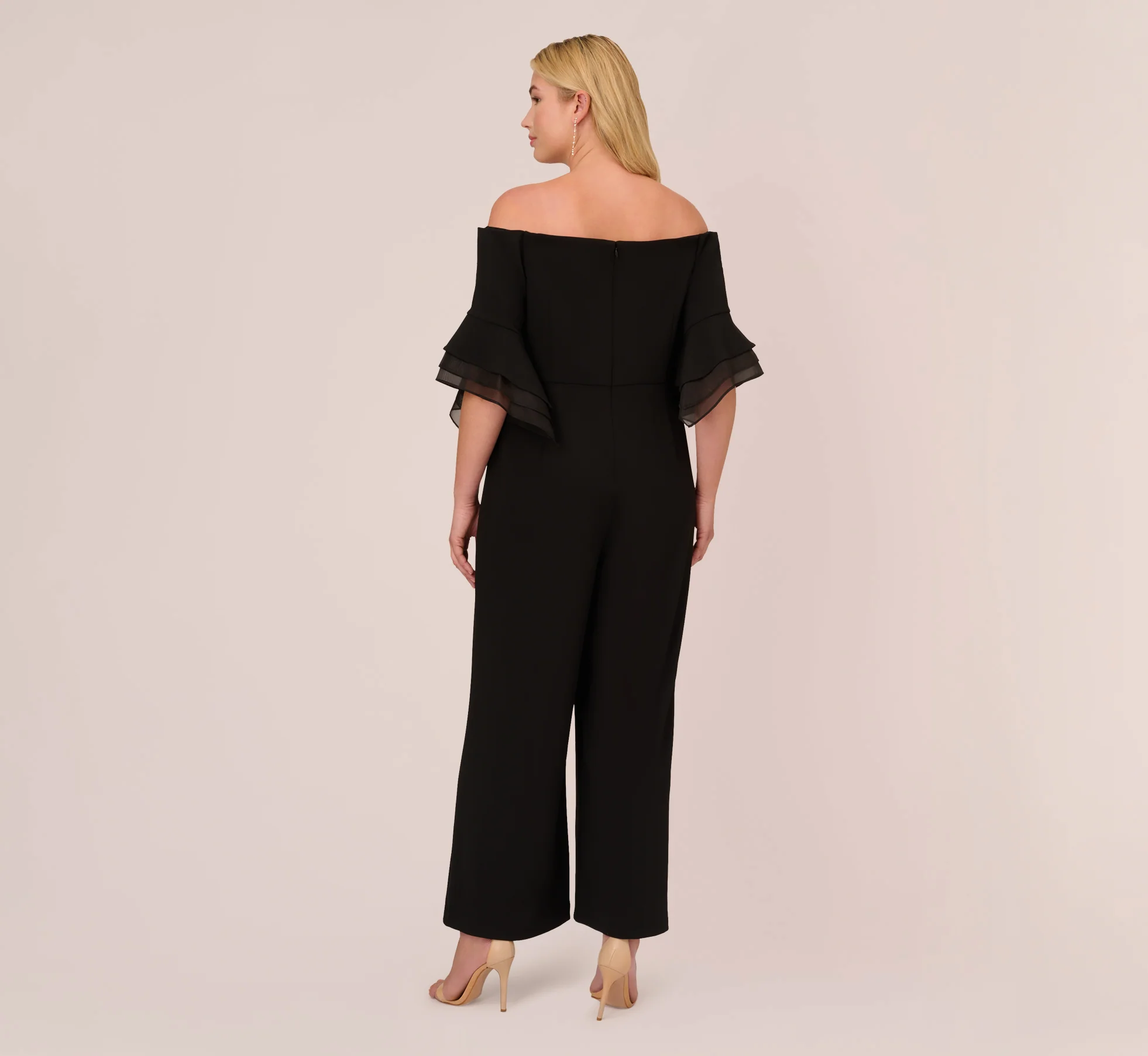 Plus Size Off The Shoulder Crepe Jumpsuit With Organza Sleeves In Black - Image 5