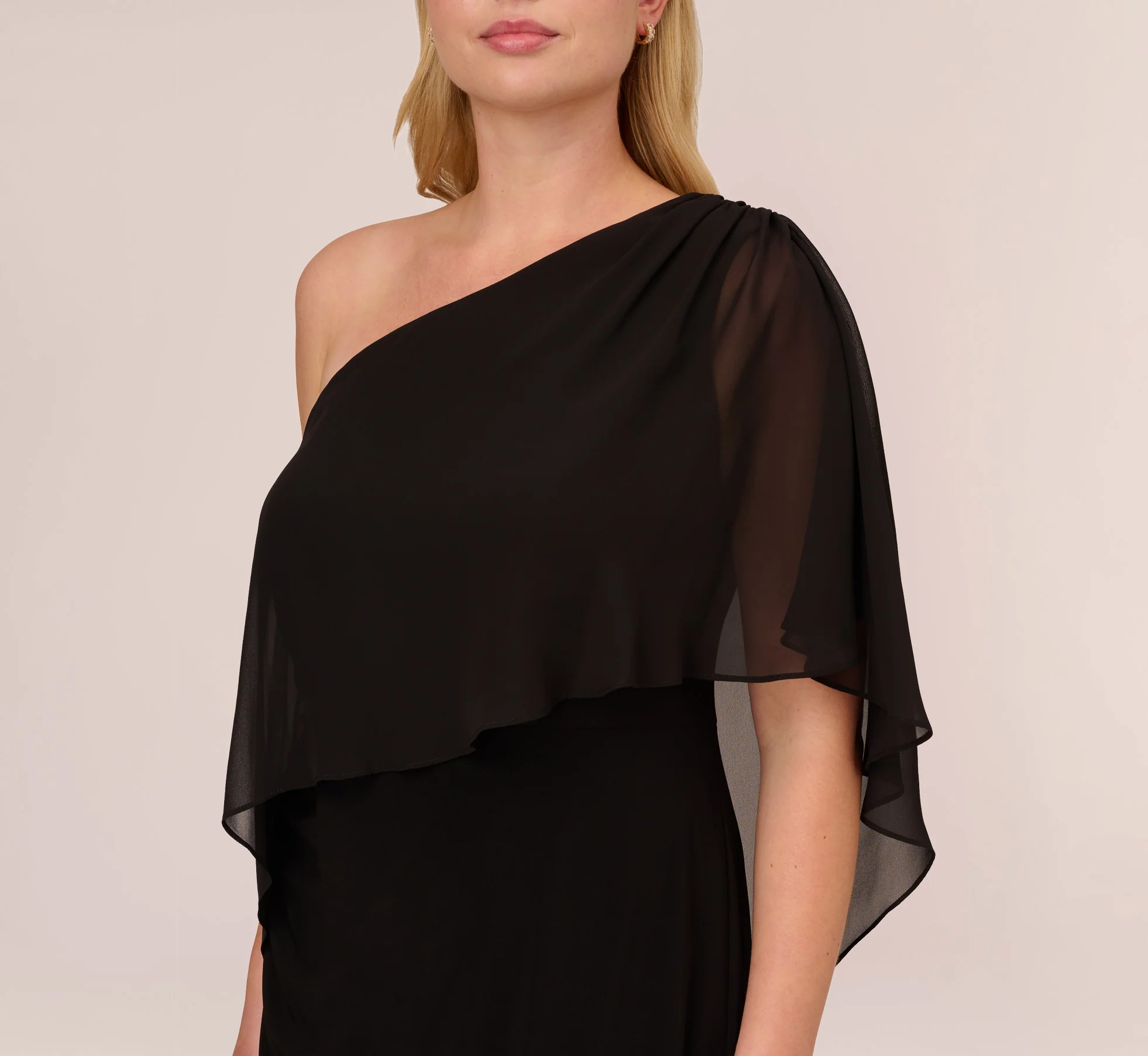 Plus Size One Shoulder Dress With Chiffon Cape In Black - Image 3