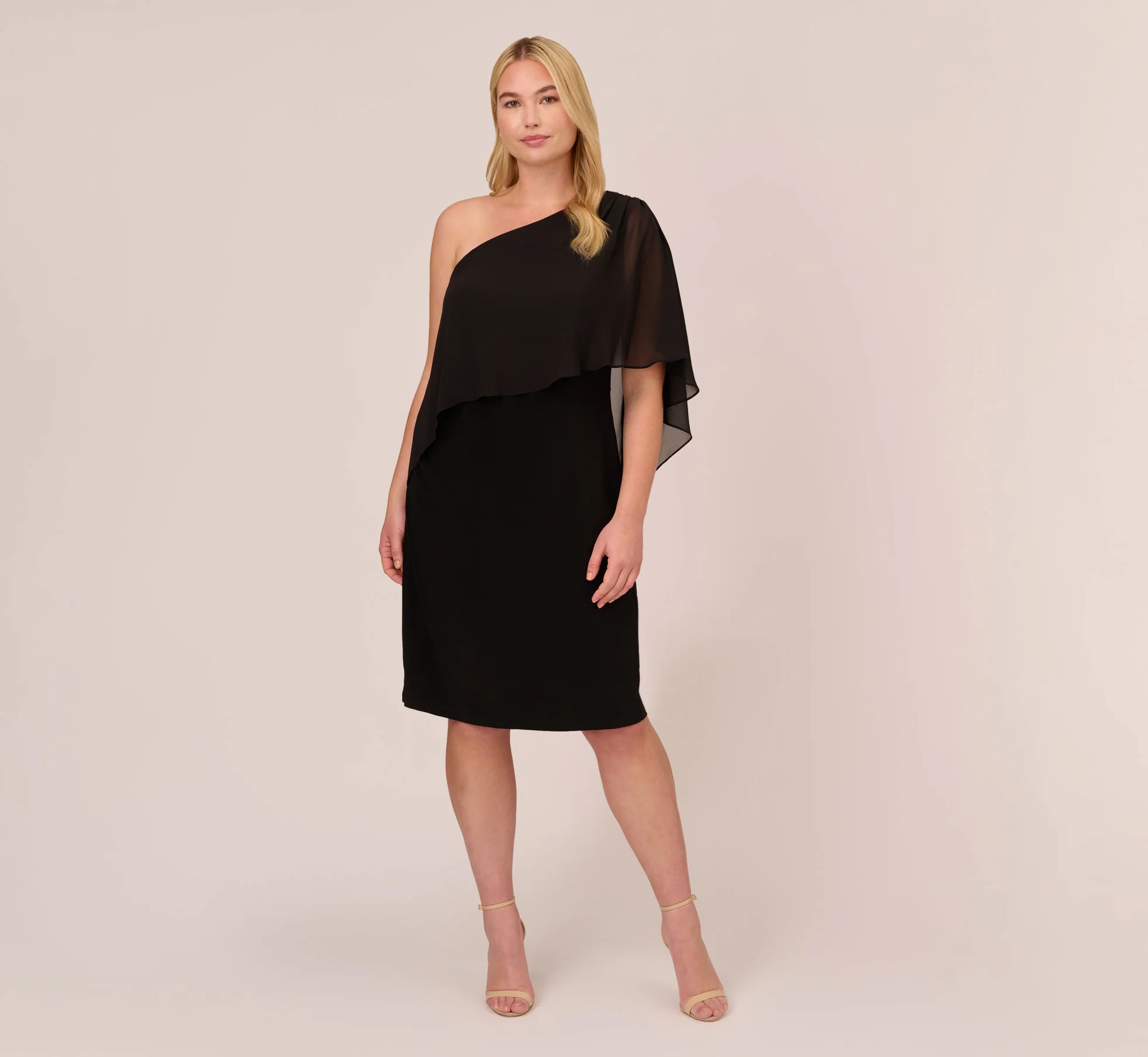 Plus Size One Shoulder Dress With Chiffon Cape In Black - Image 7