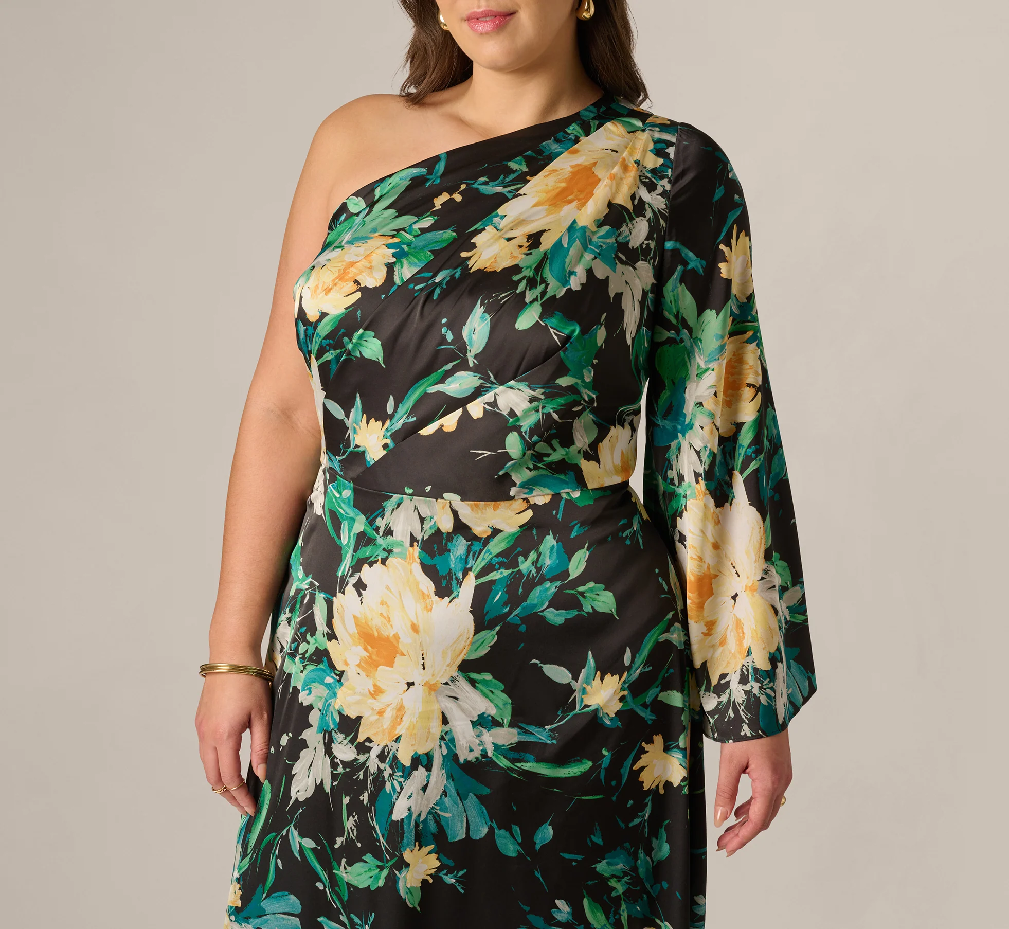 Plus Size One Shoulder Long Sleeve Floral Satin Gown In Black Multi - Image 3