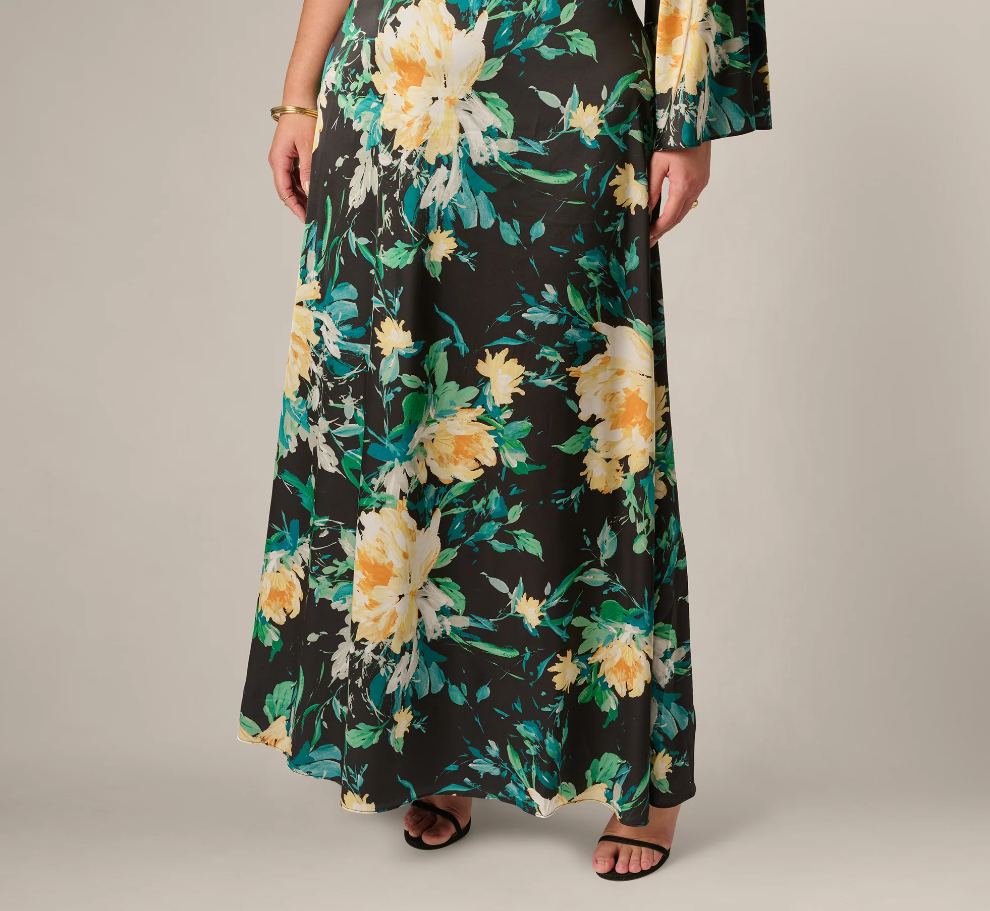 Plus Size One Shoulder Long Sleeve Floral Satin Gown In Black Multi - Image 4