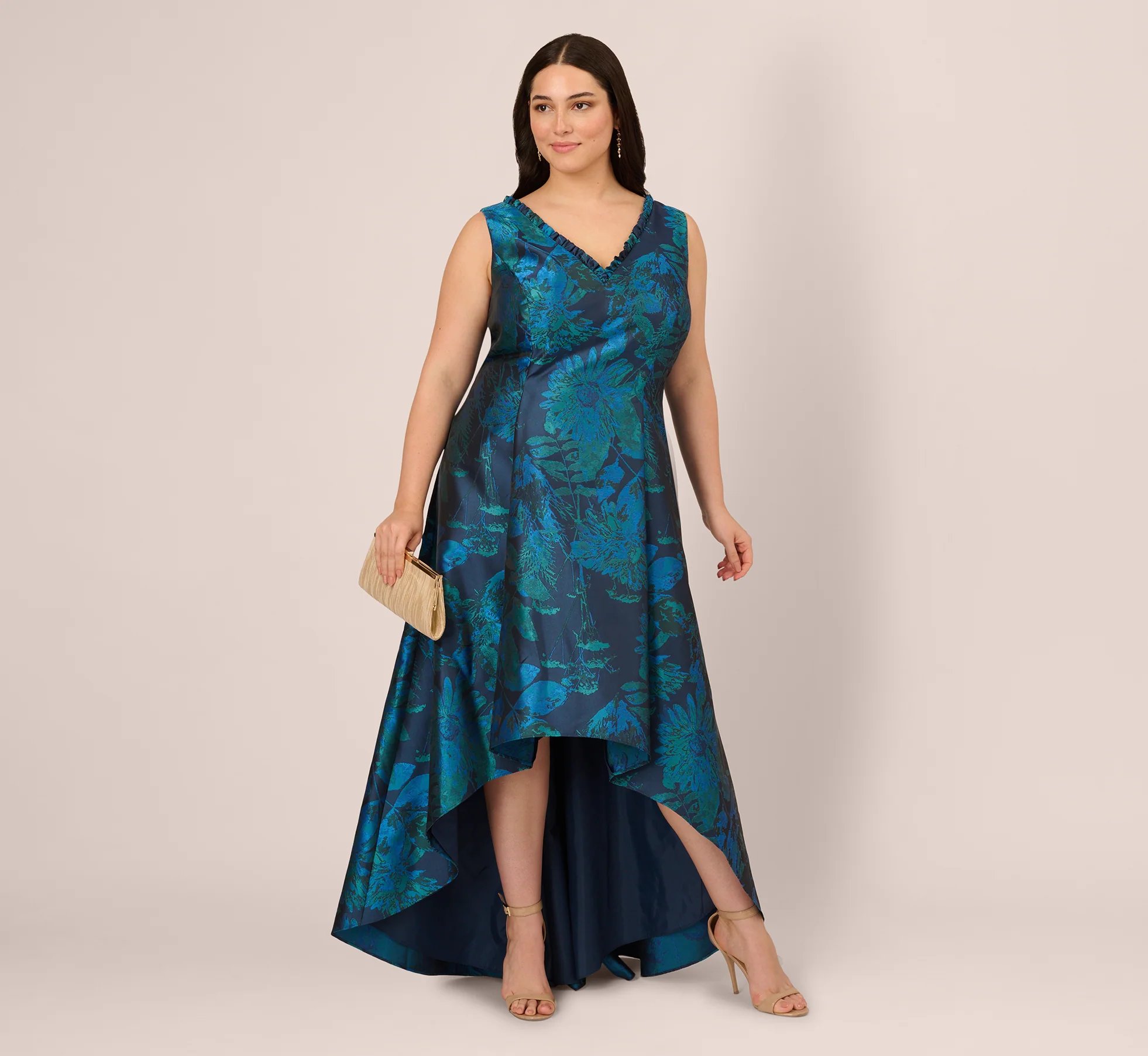 Plus Size Ruffle Floral Jacquard High Low Gown In Cobalt Multi - Image 2