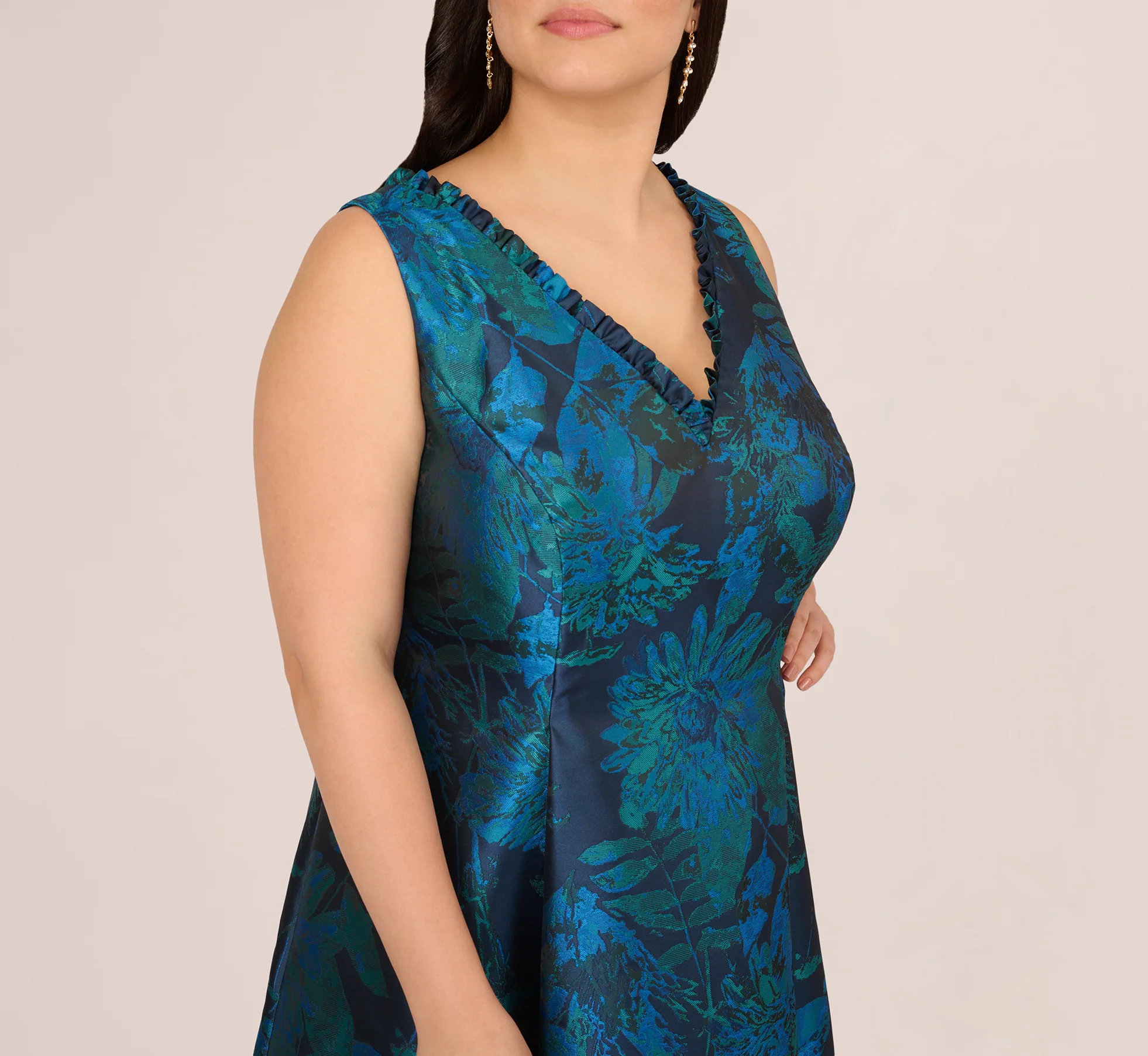 Plus Size Ruffle Floral Jacquard High Low Gown In Cobalt Multi - Image 4