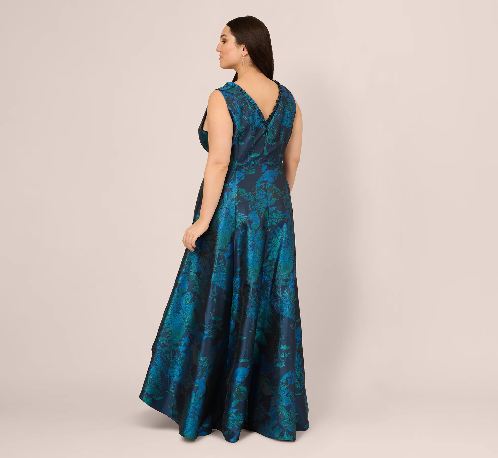 Plus Size Ruffle Floral Jacquard High Low Gown In Cobalt Multi - Image 6