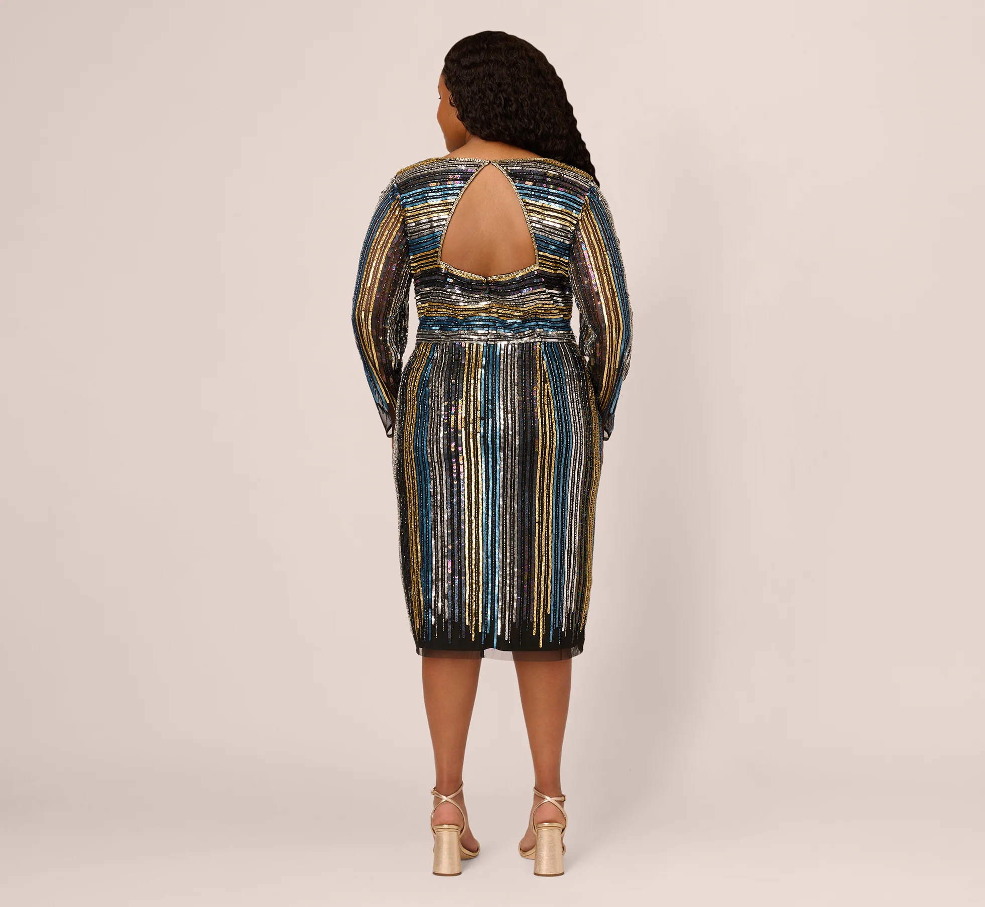 Plus Size Sequin Beaded Sheath Dress With Sheer Long Sleeves In Black Blue Multi - Image 5