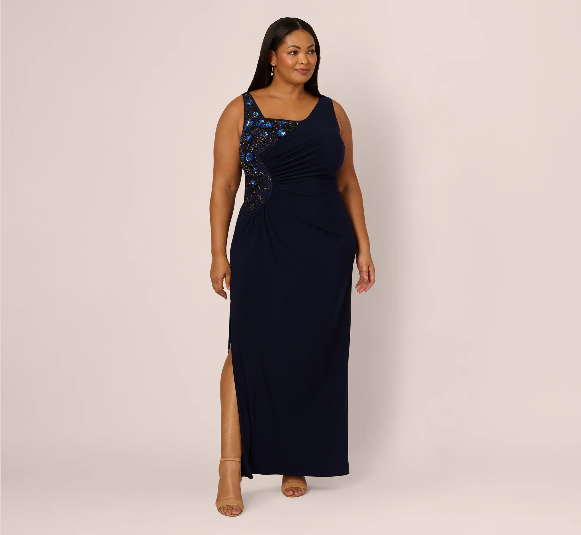 Plus Size Sleeveless Asymmetrical Floral Beaded Jersey Gown In Midnight Multi - Image 2