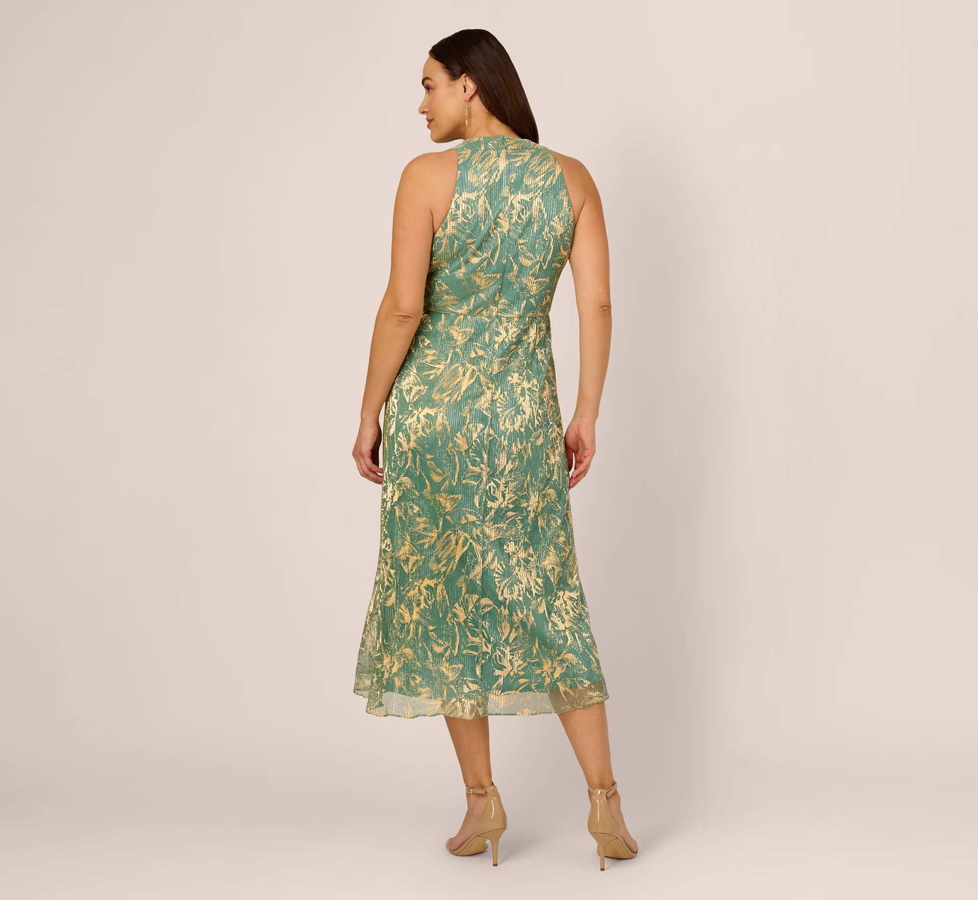 Plus Size Sleeveless Metallic Crinkle Midi Dress In Sage Gold - Image 6