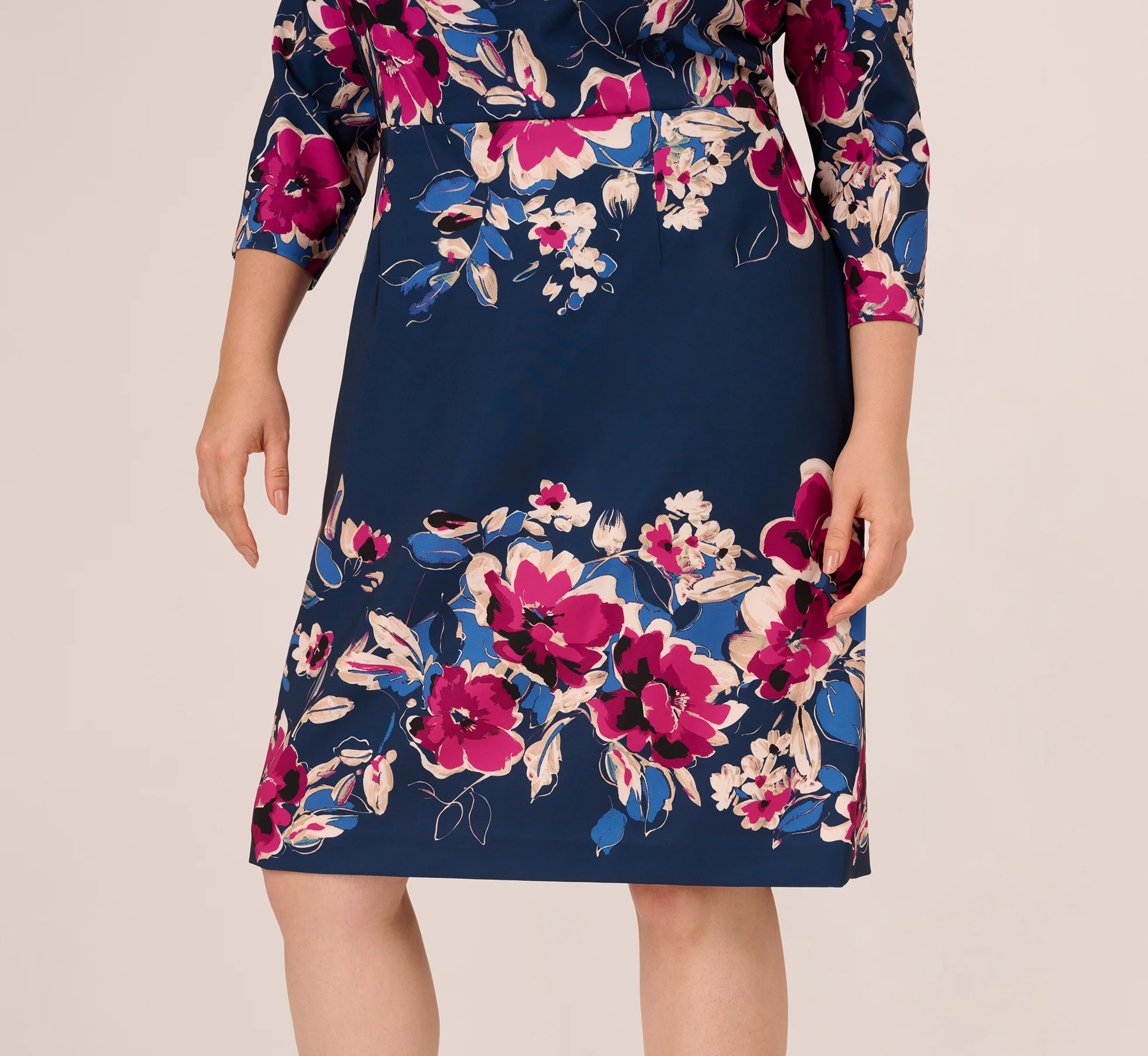 Plus Size Three Quarter Sleeve Floral Sheath Dress In Navy Pink Multi - Image 4
