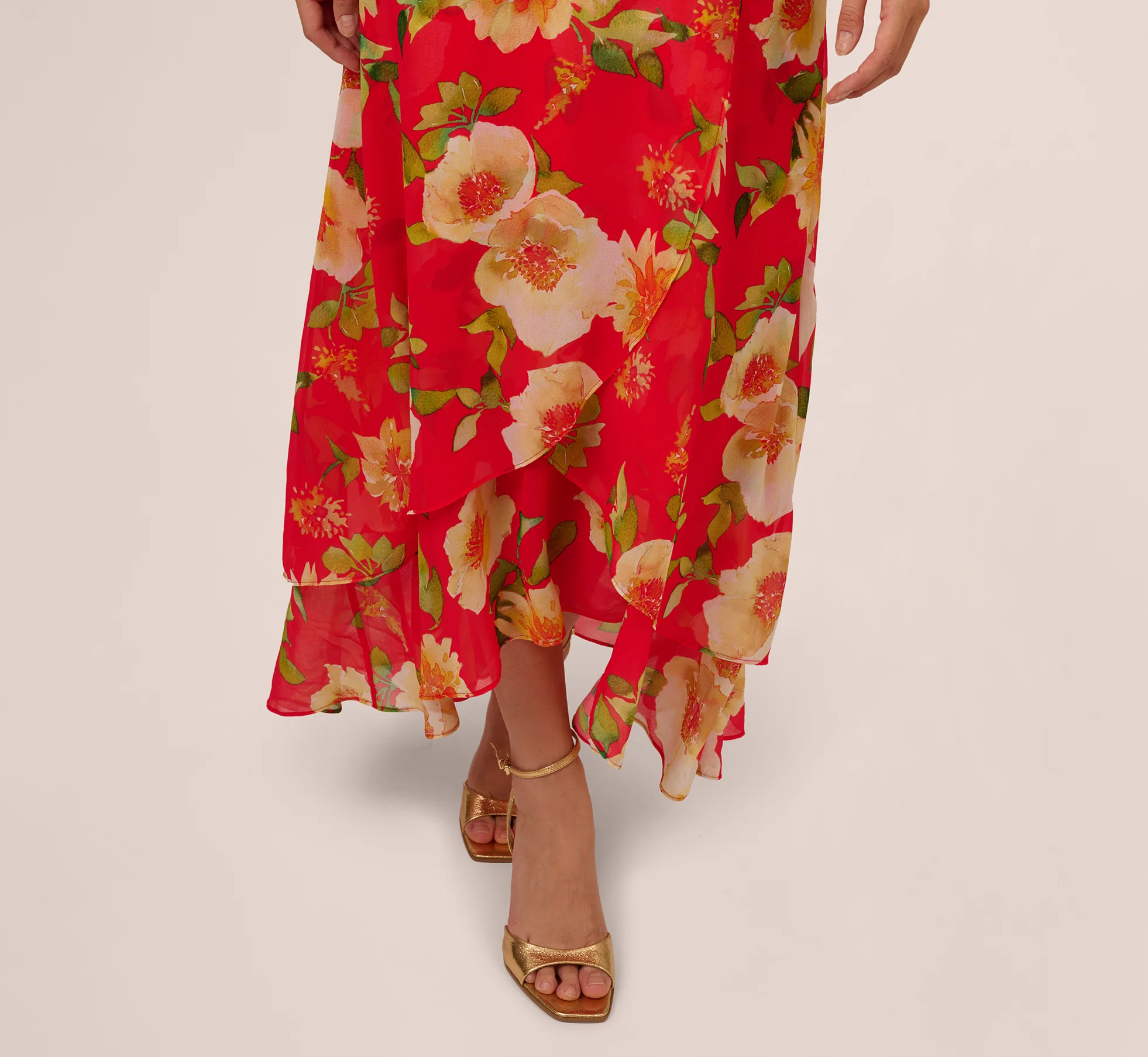 Printed Chiffon Mock Neck Ankle Dress In Coral Multi - Image 5