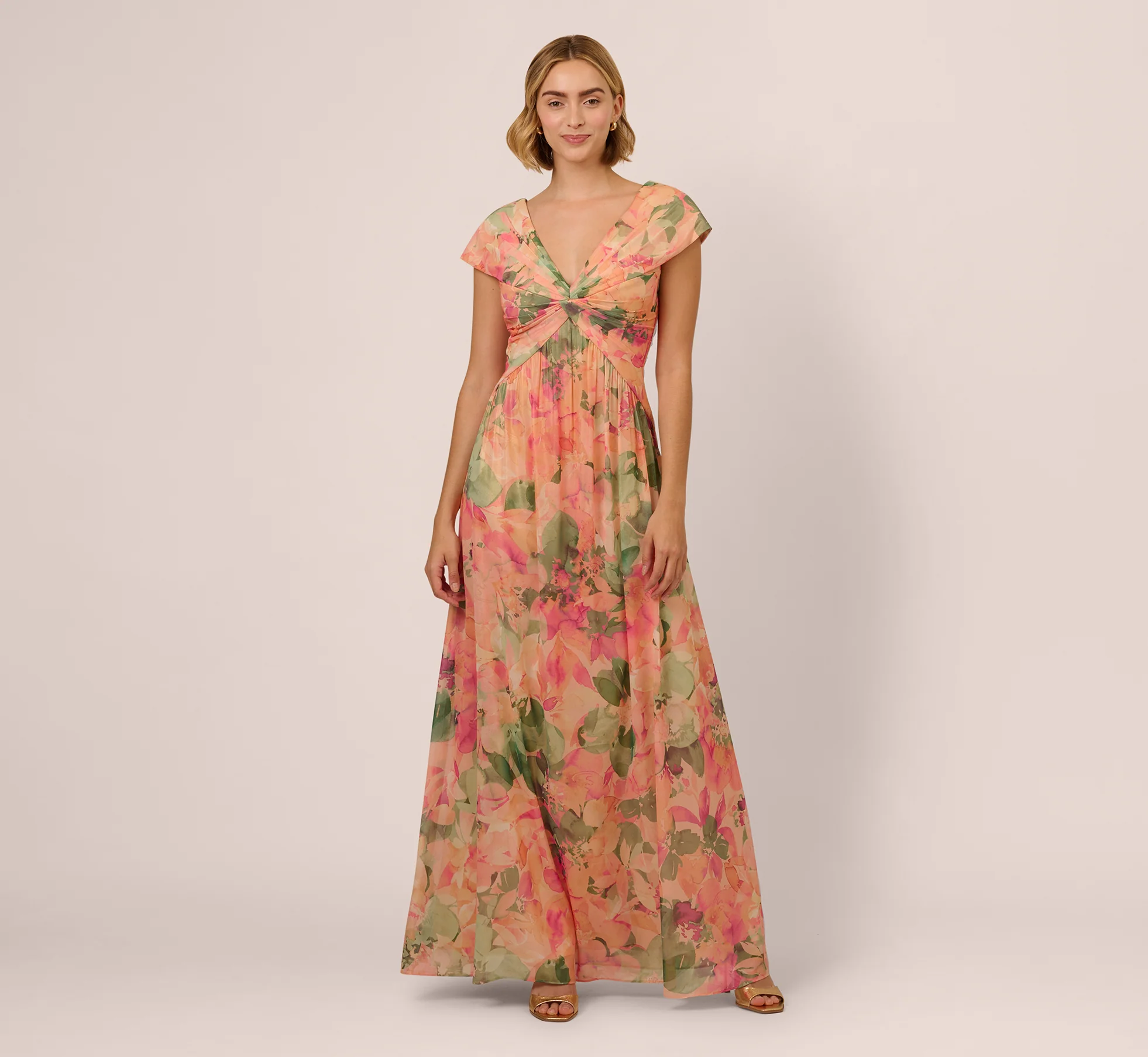 Printed Front Twist Gown In Blush Multi - Image 3