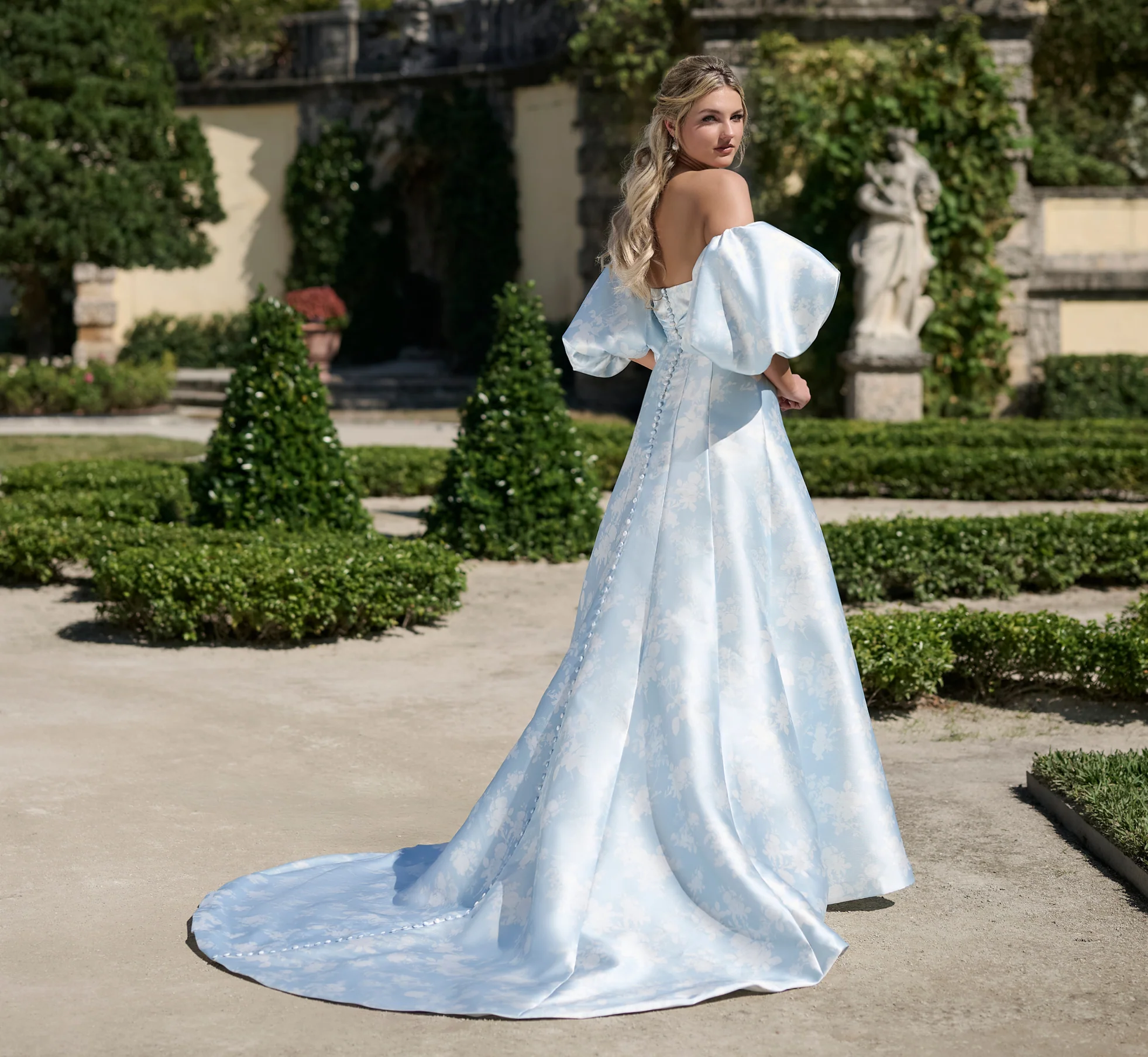 Printed Mikado A-line gown in Bluebell - Image 2