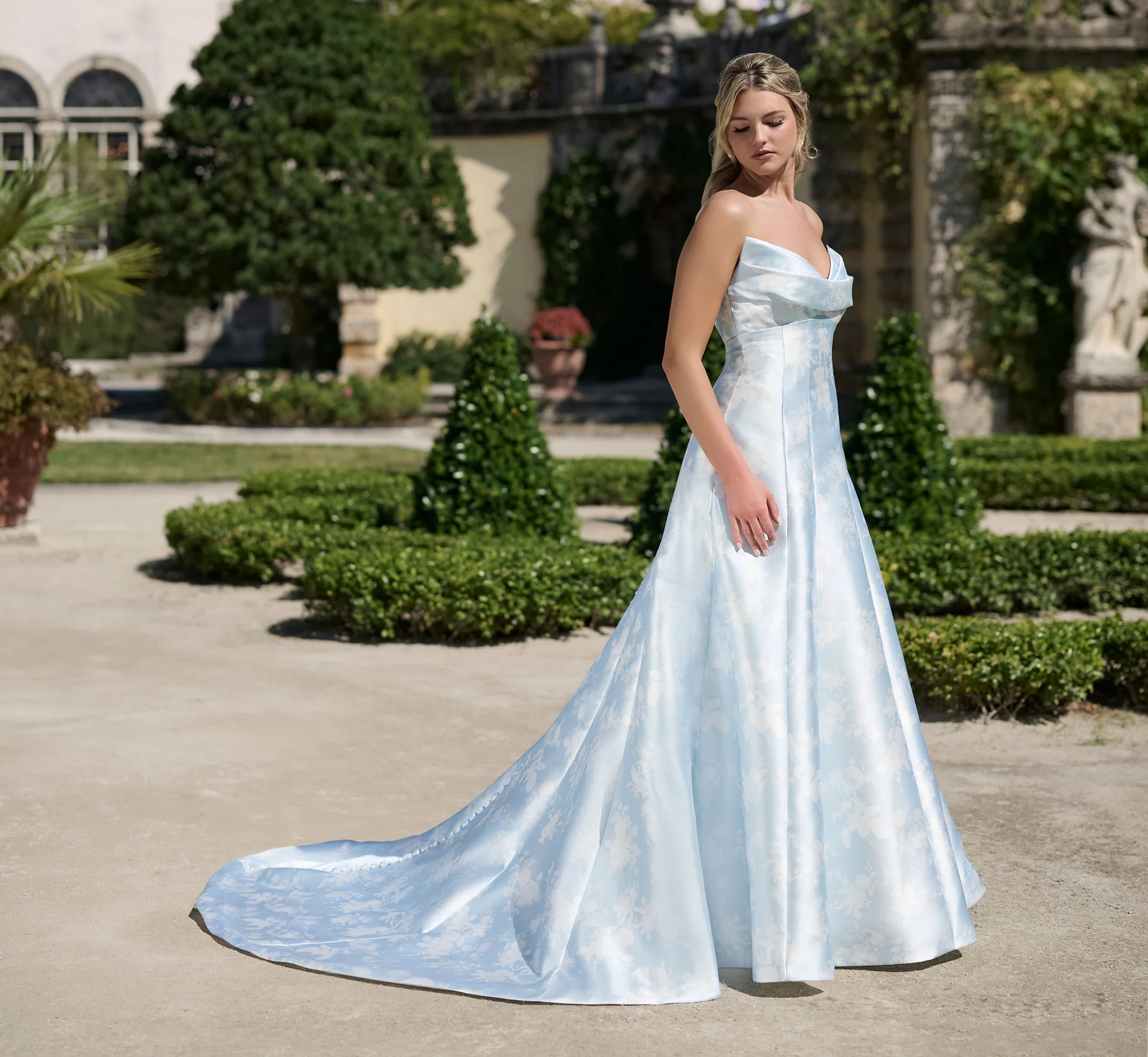 Printed Mikado A-line gown in Bluebell - Image 3
