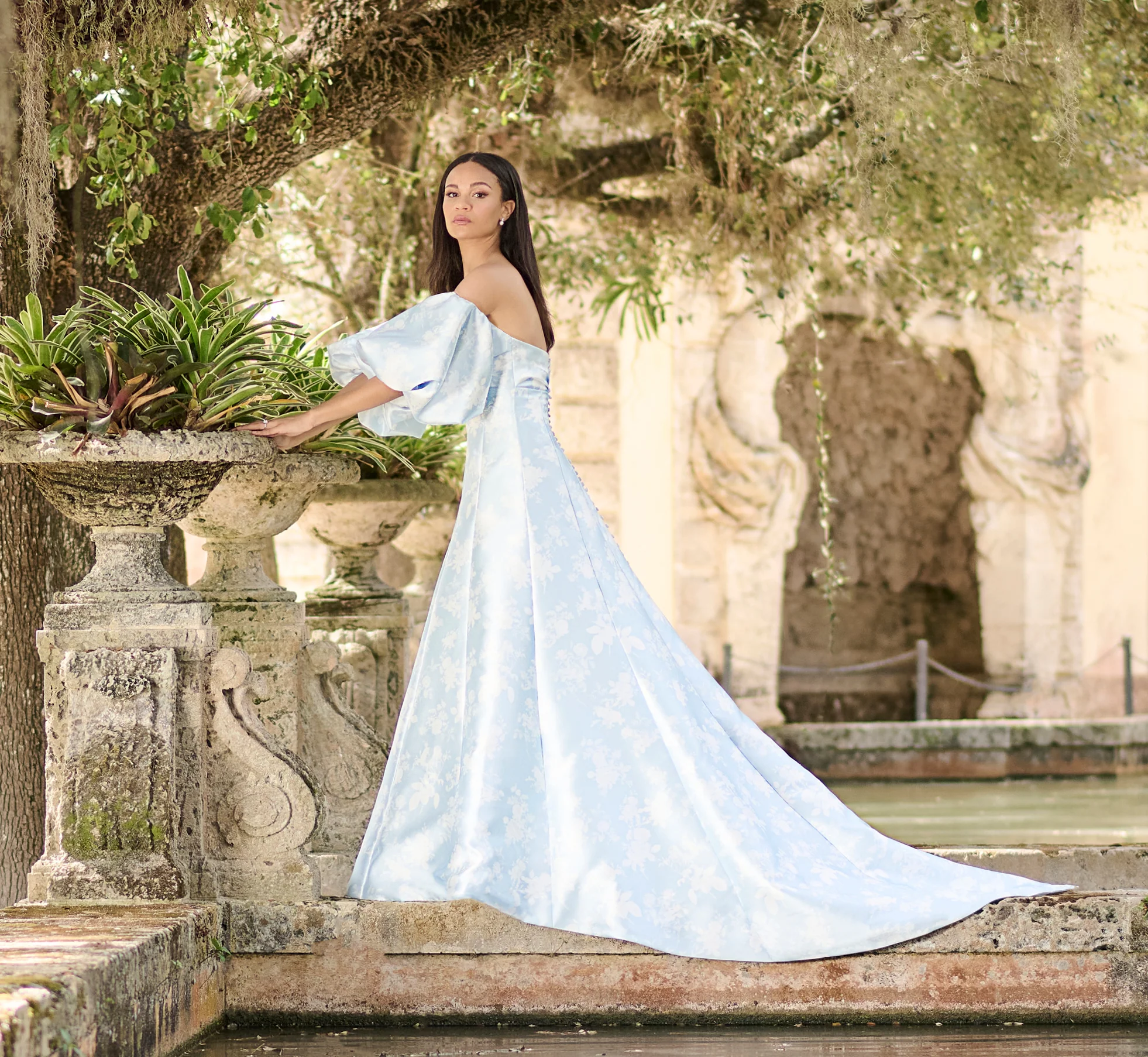 Printed Mikado A-line gown in Bluebell - Image 4