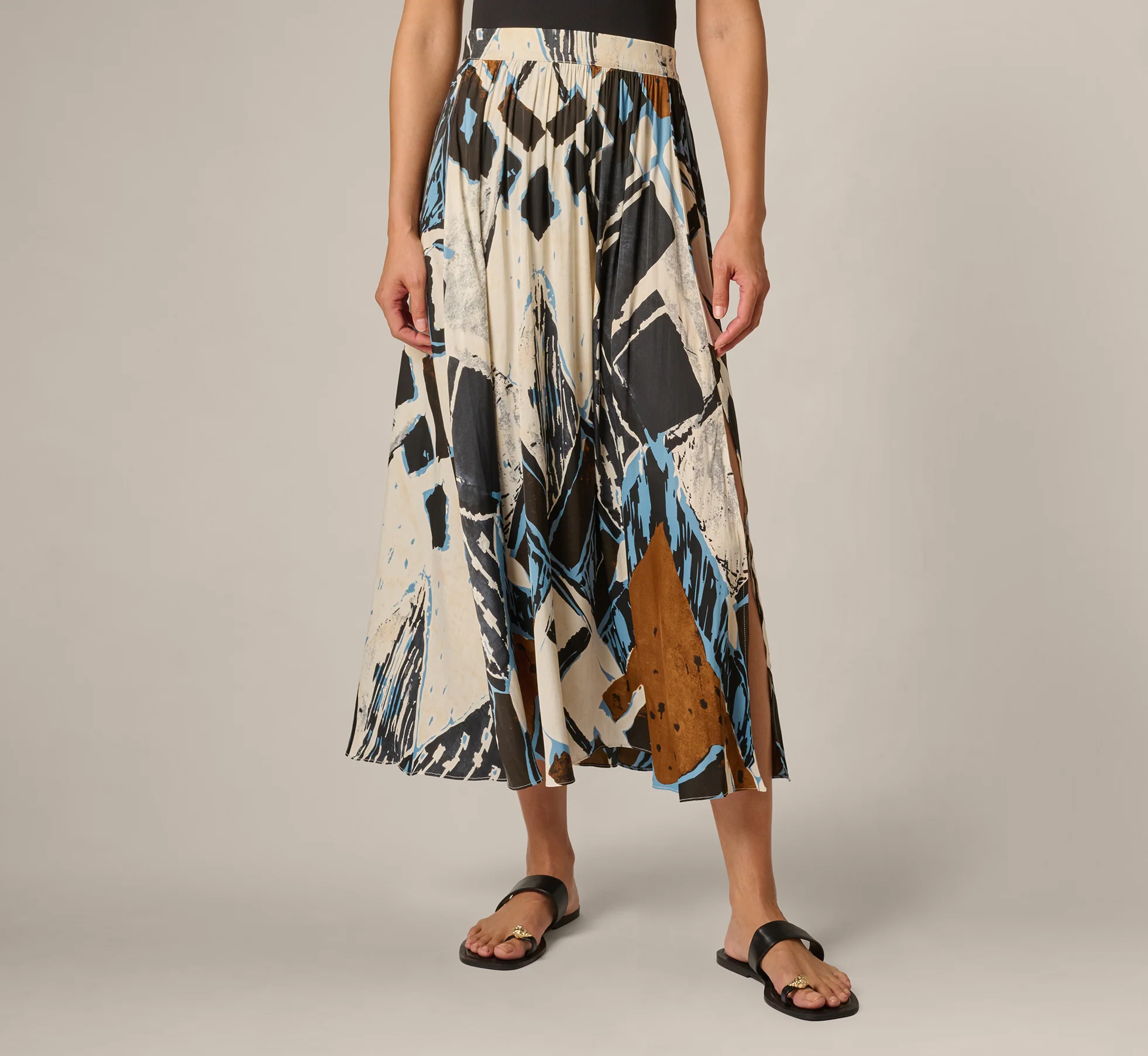 Printed Side Slit A Line Midi Skirt In Blue Diamond Tiki - Image 2