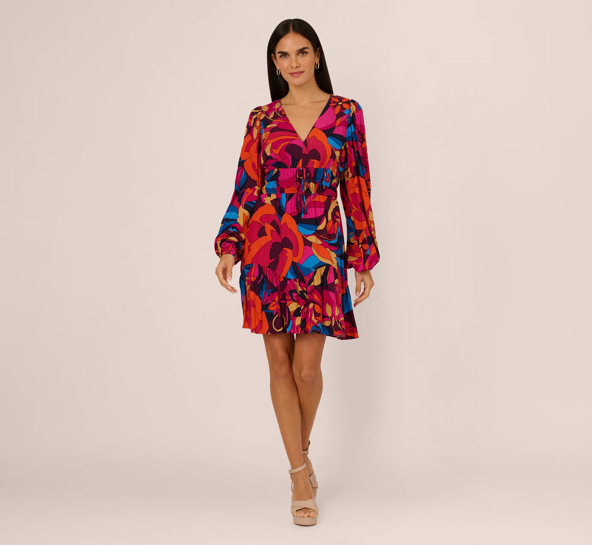 Retro Floral Print Shirred Dress With Long Bishop Sleeves In Berry Multi - Image 7