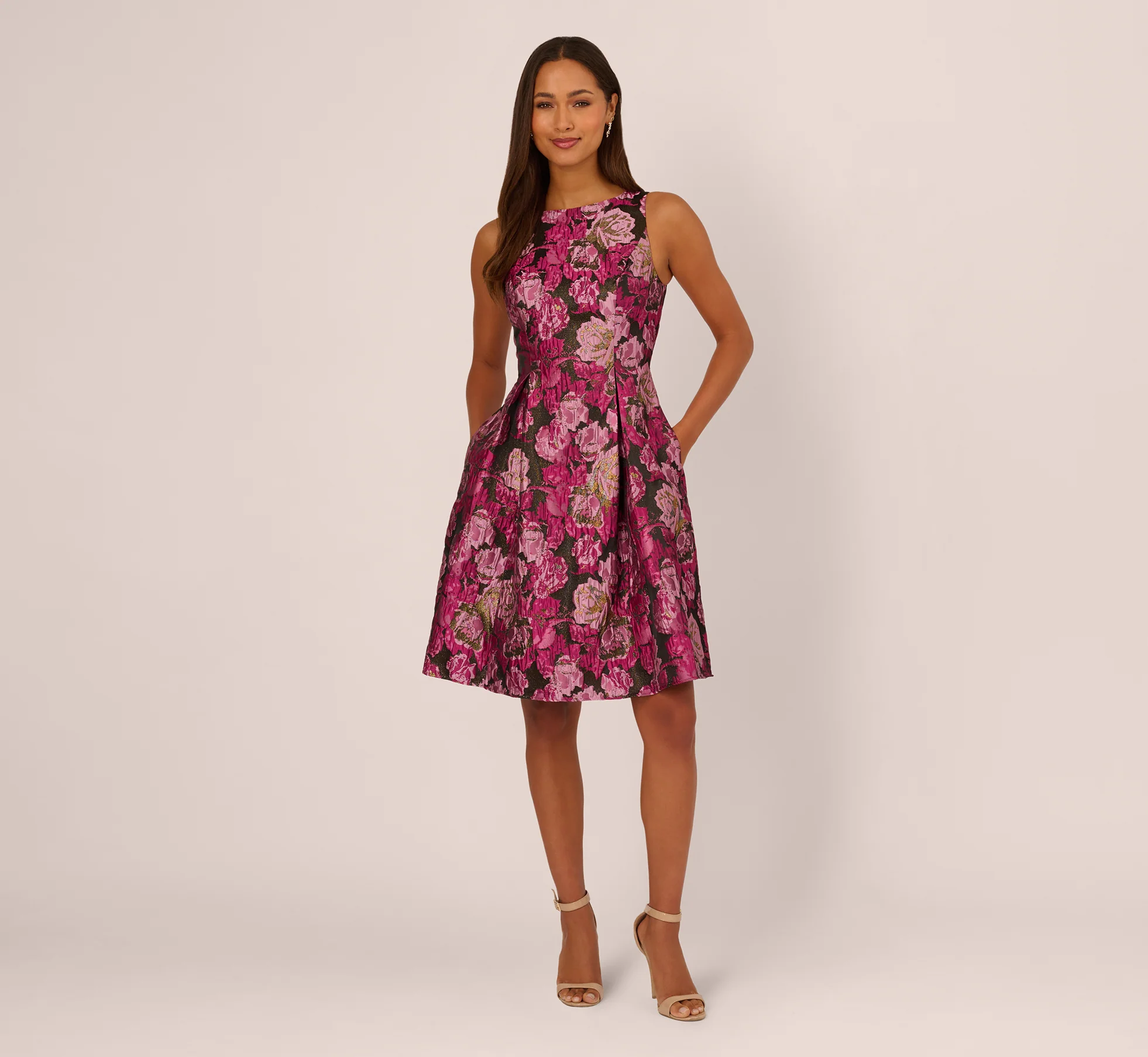Rose Jacquard Envelope Back Dress In Pink Black Multi - Image 7
