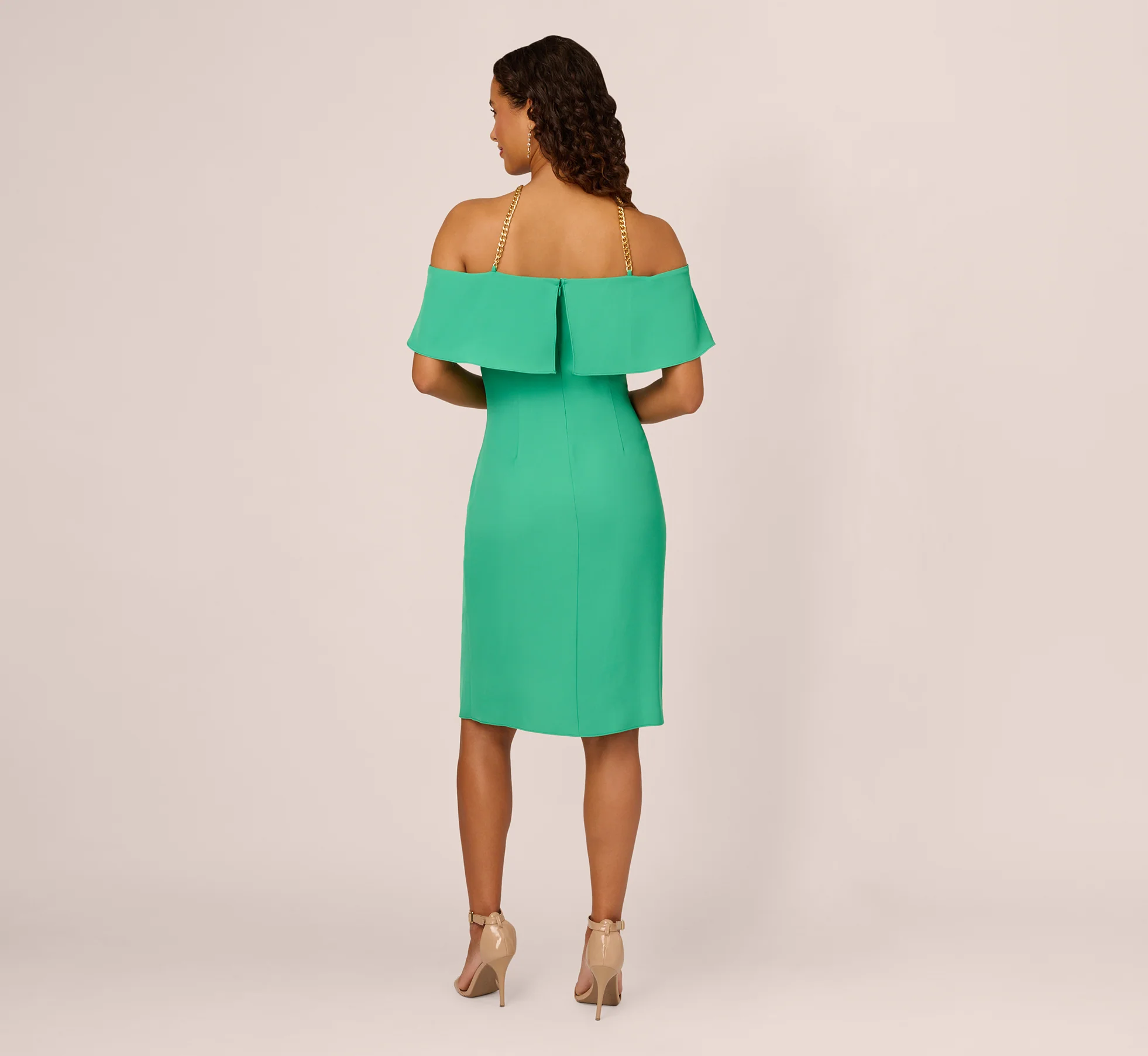 Ruffle Popover Midi Dress With Chain Halter Neckline In Flora Green - Image 5