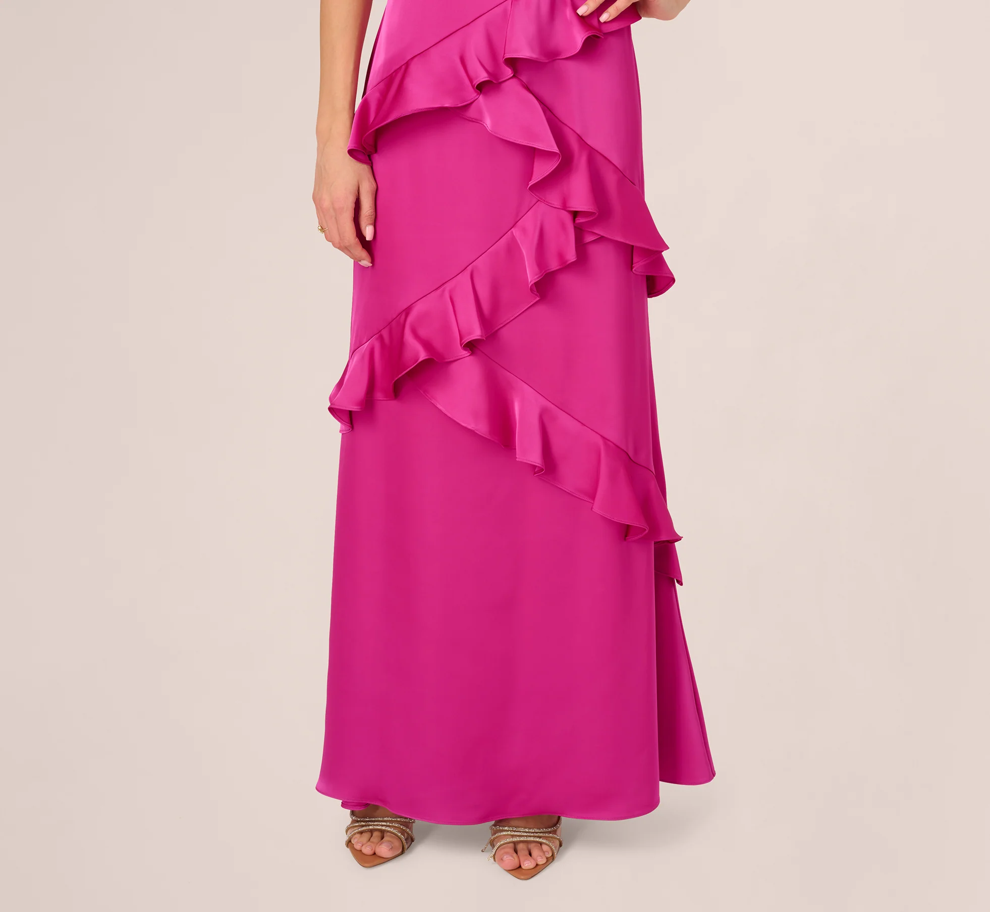 Satin Cascade Ruffle Slip Gown In Electric Passion - Image 4