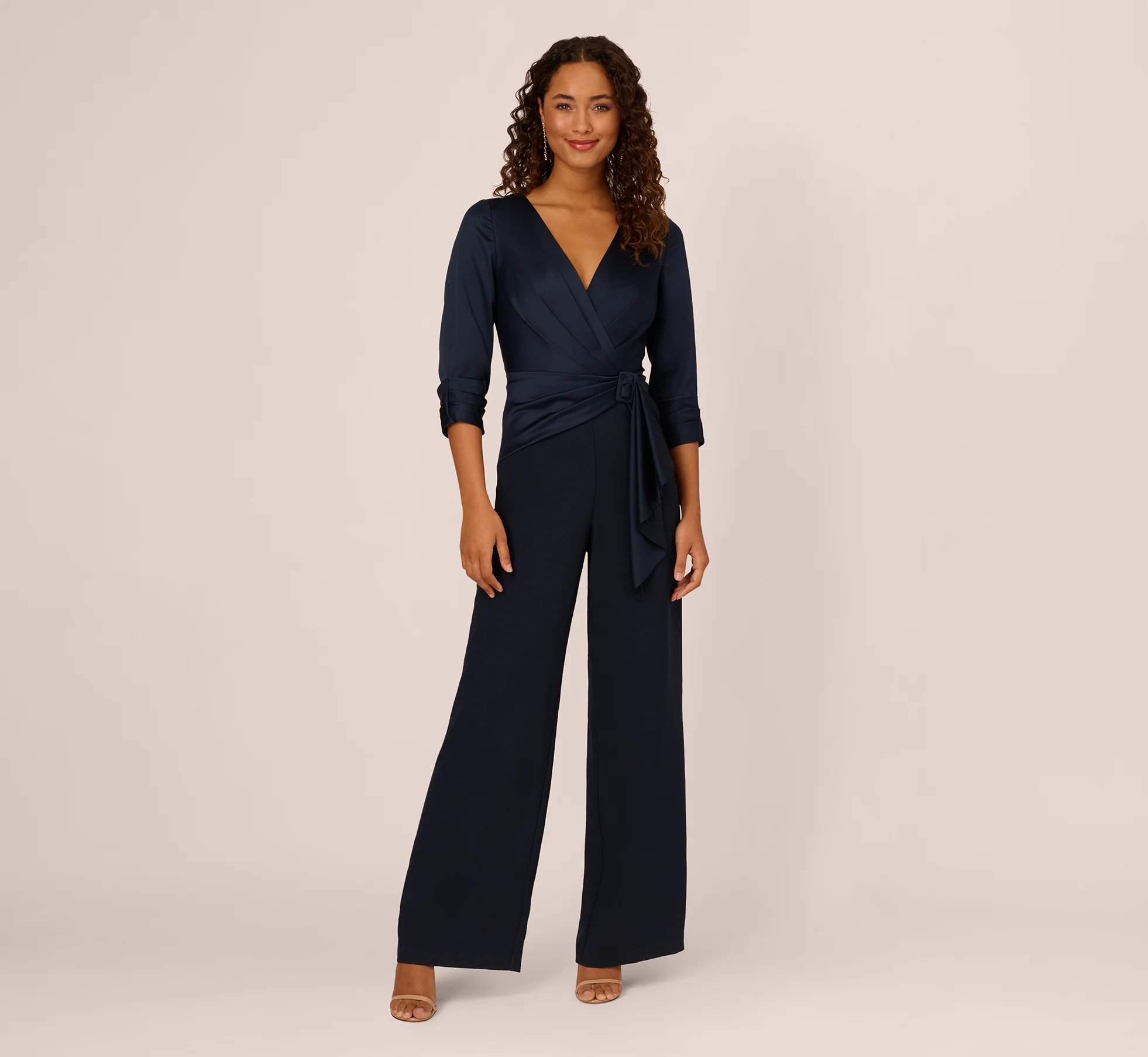 Satin Crepe Three Quarter Sleeve Jumpsuit With Buckle Waist In Dark Navy - Image 3