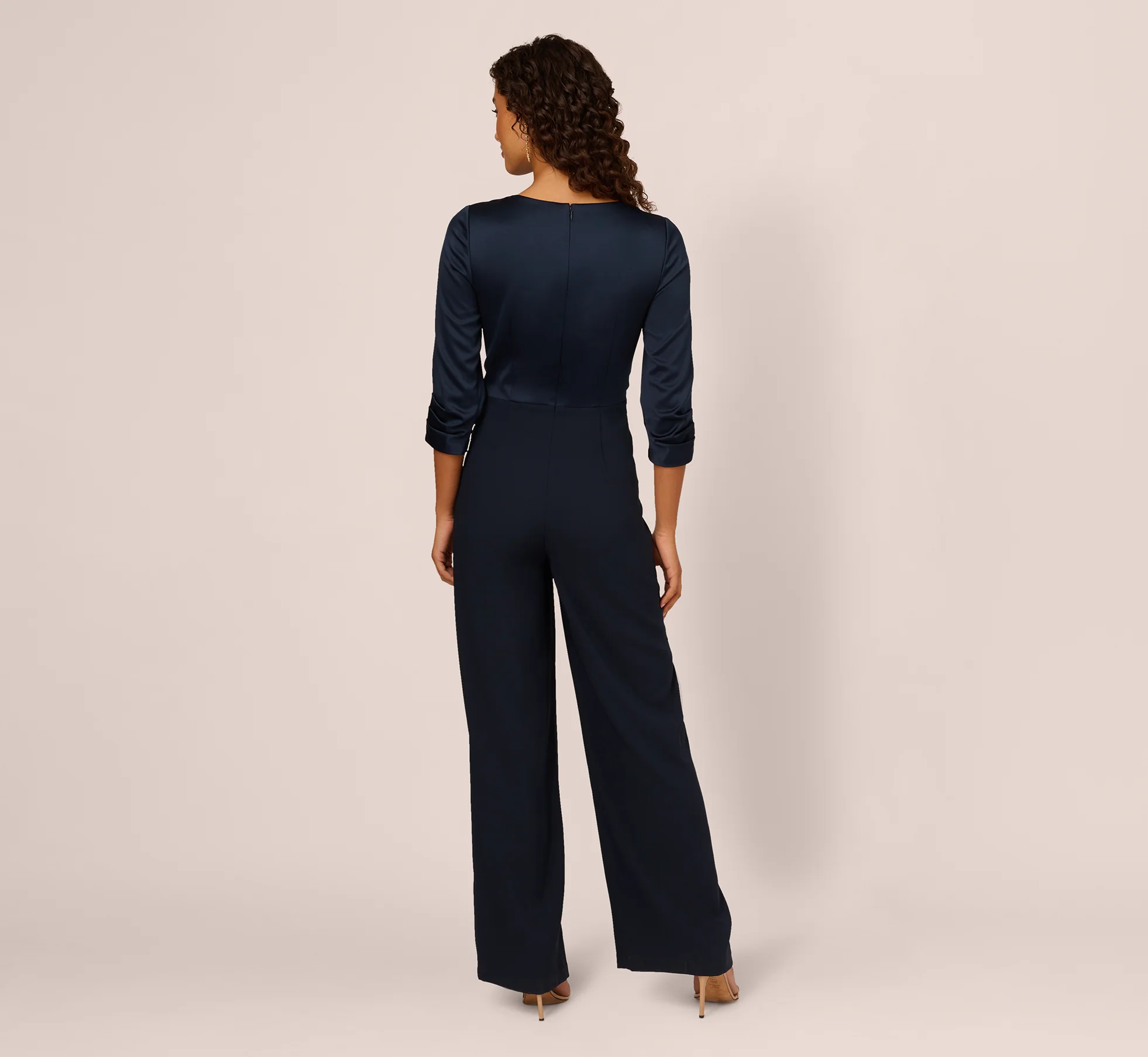 Satin Crepe Three Quarter Sleeve Jumpsuit With Buckle Waist In Dark Navy - Image 6