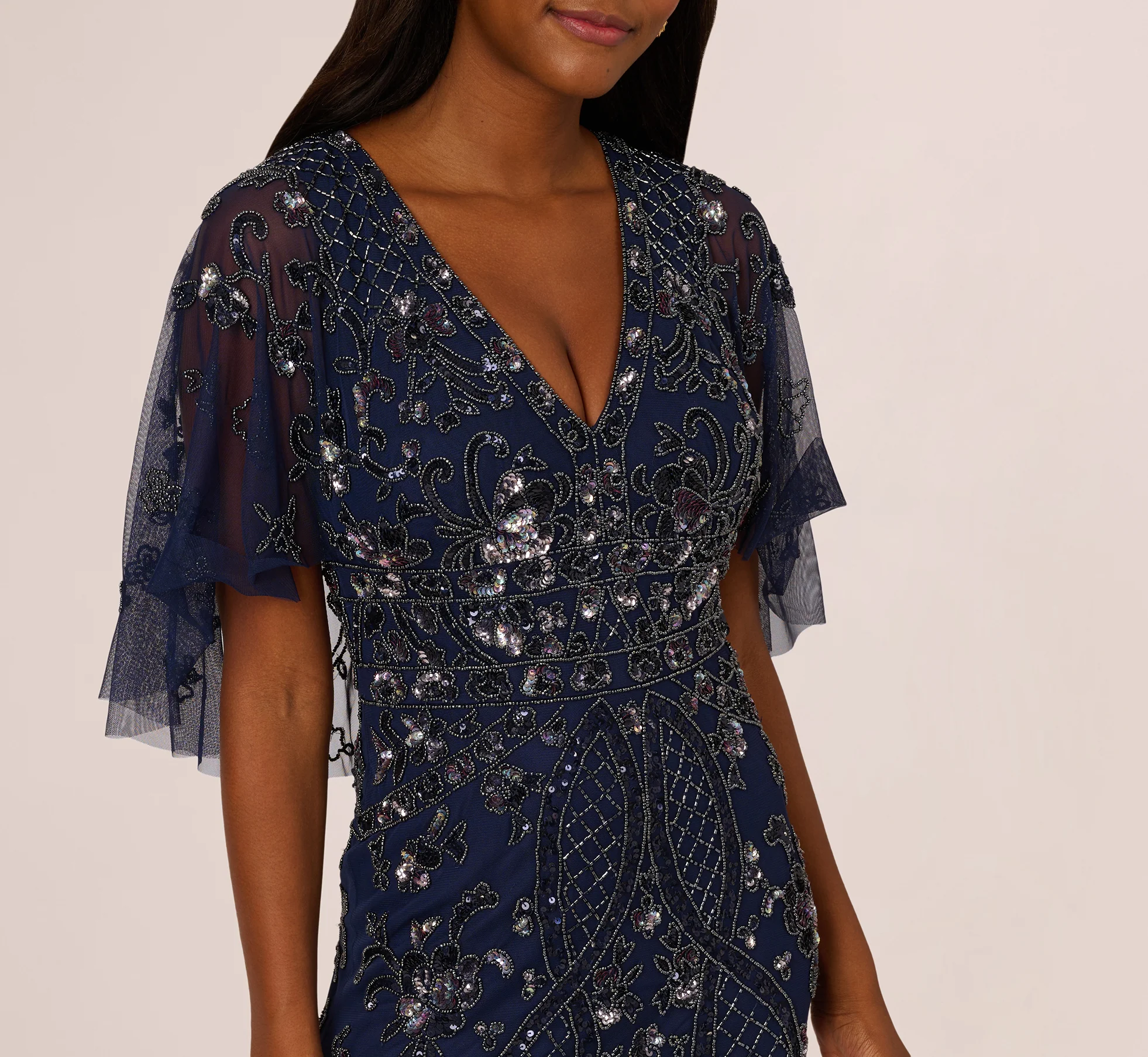 Sequin Beaded Gown With Sheer Cape Sleeves In Light Navy - Image 3