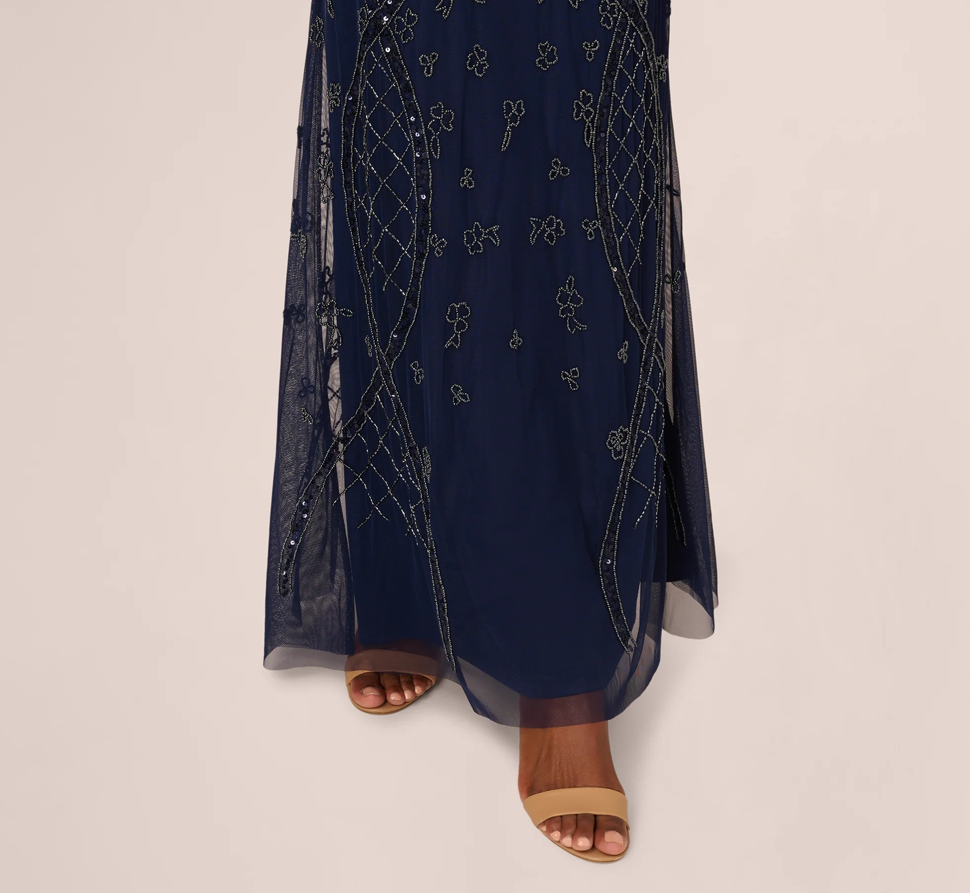 Sequin Beaded Gown With Sheer Cape Sleeves In Light Navy - Image 4
