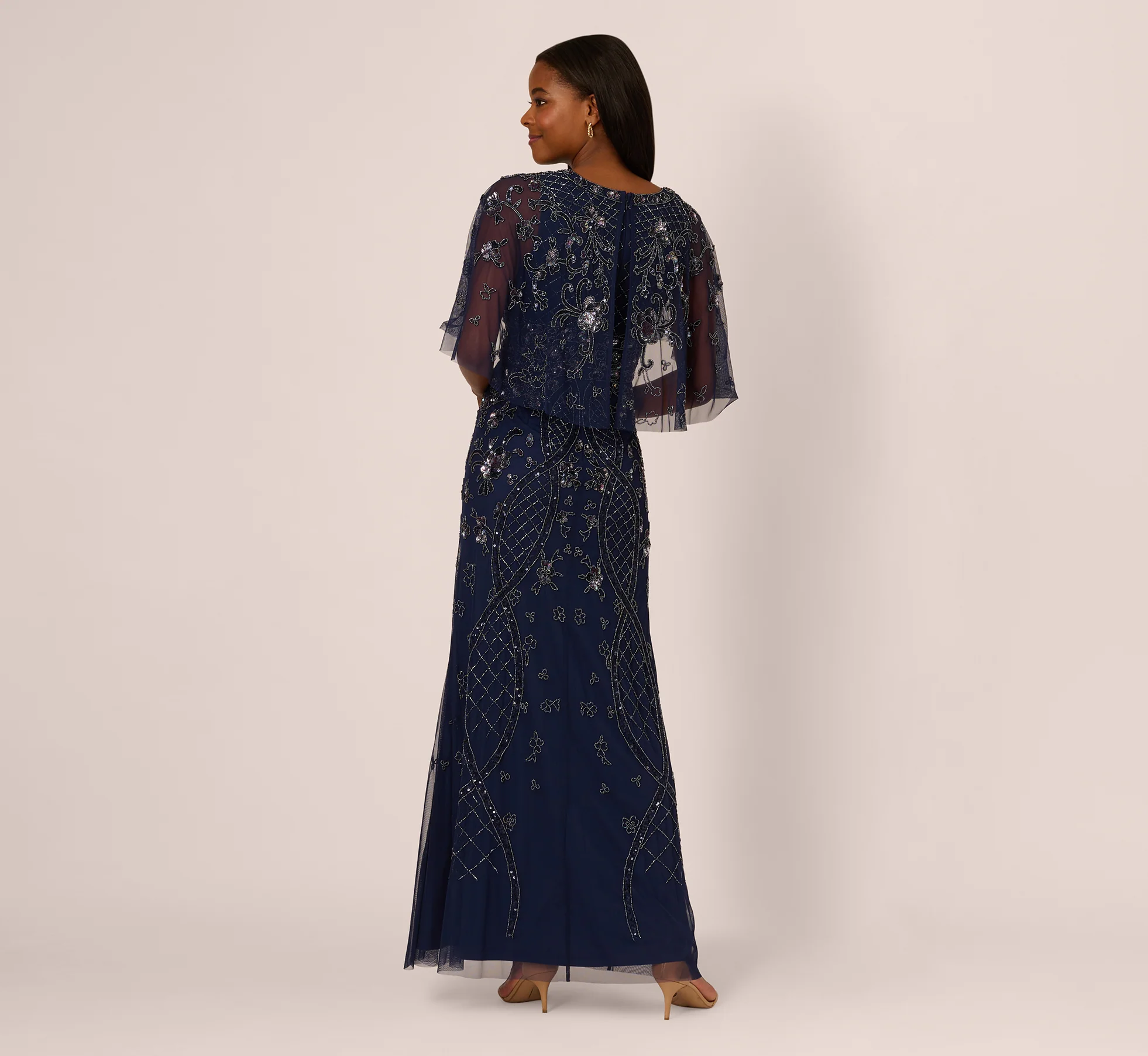 Sequin Beaded Gown With Sheer Cape Sleeves In Light Navy - Image 5