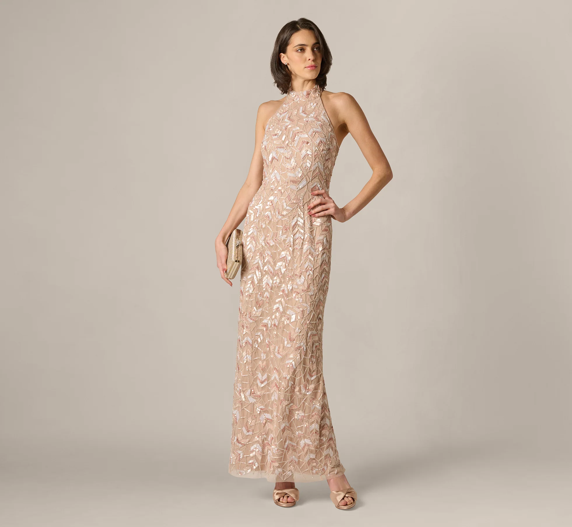 Sequin Beaded Leaf Halter Gown In Rose Quartz - Image 2