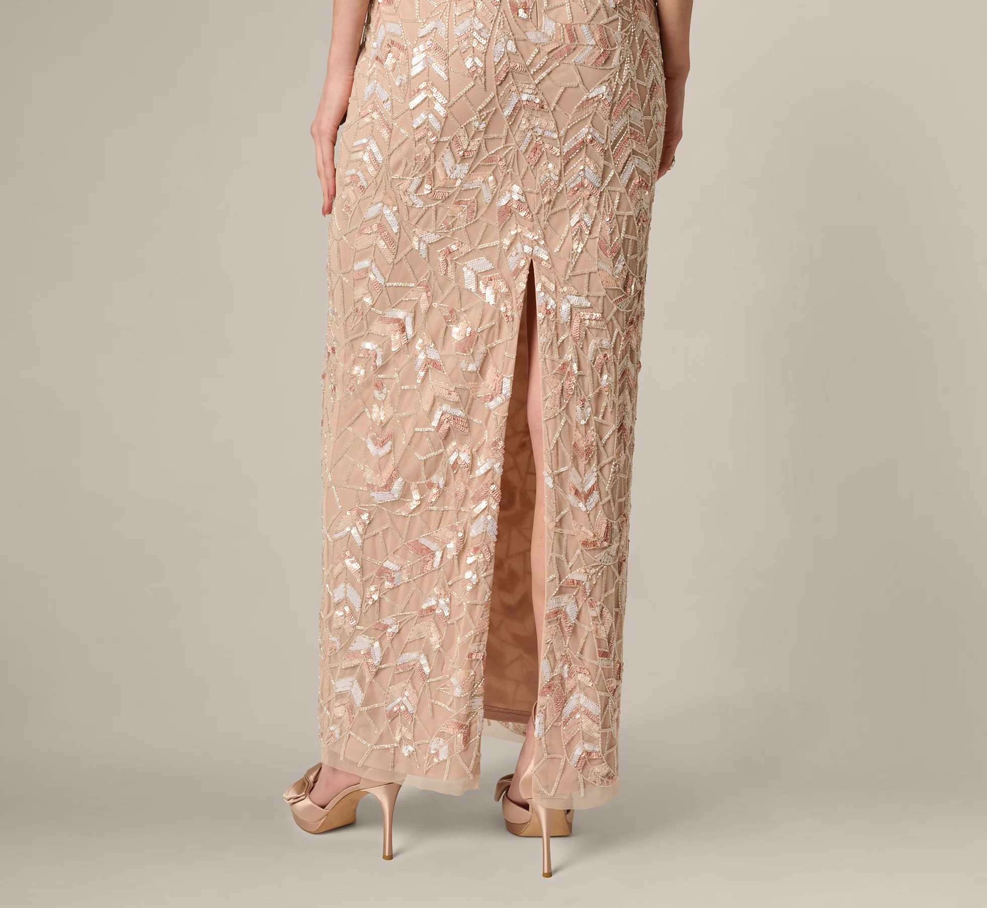 Sequin Beaded Leaf Halter Gown In Rose Quartz - Image 5