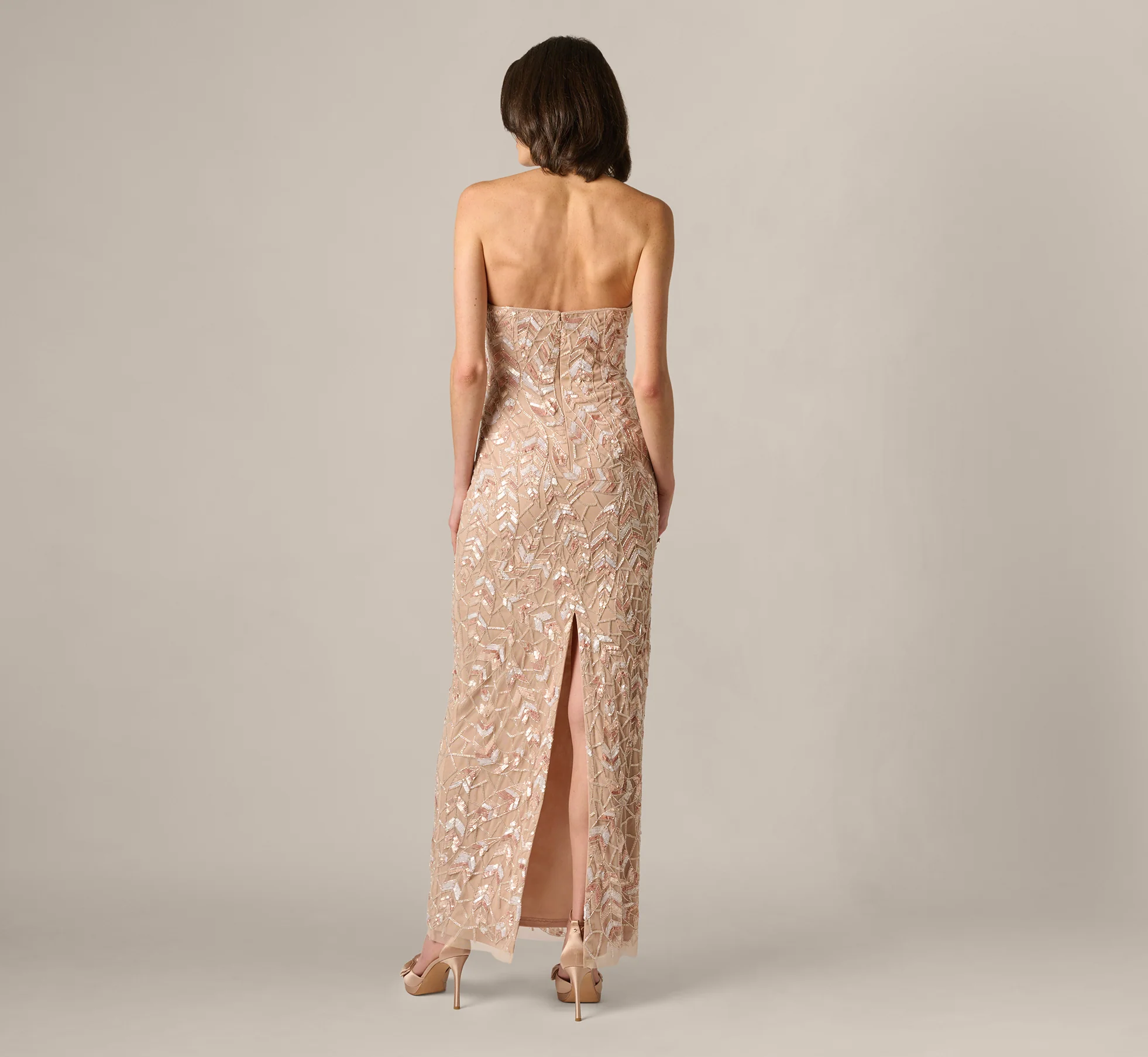 Sequin Beaded Leaf Halter Gown In Rose Quartz - Image 6