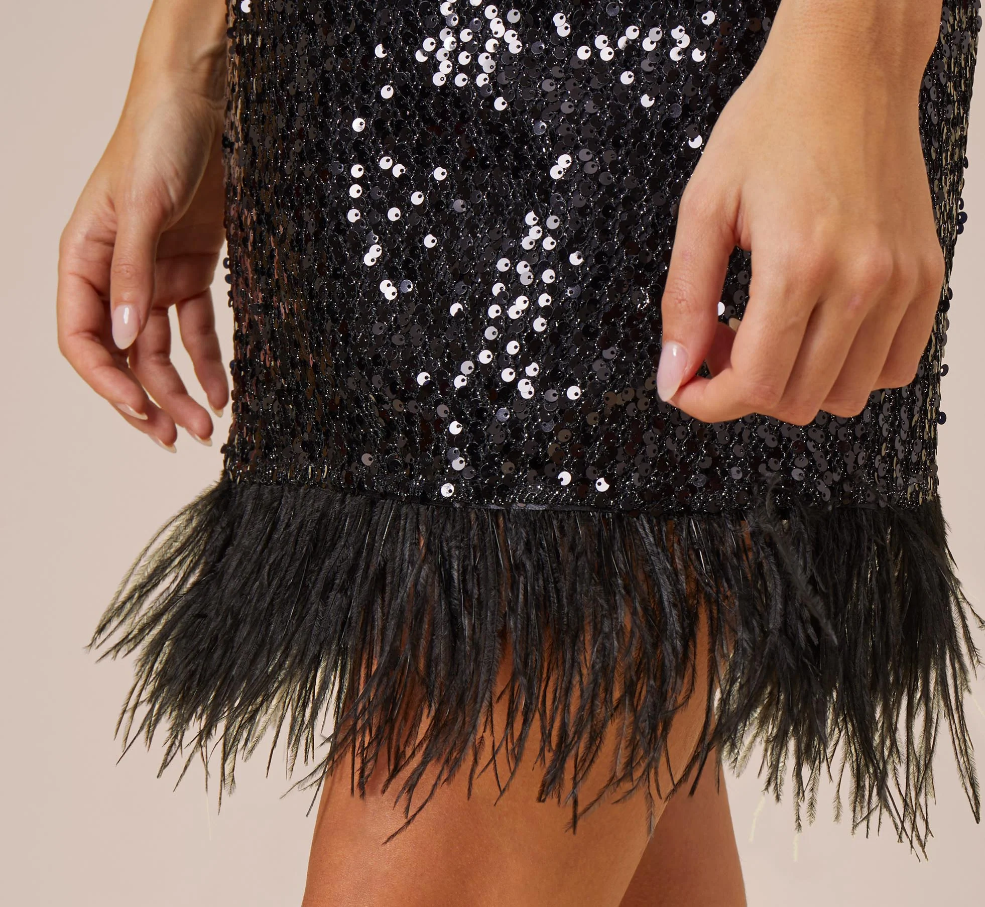 Sequined Trapeze Halter Dress With Feather Trim In Black - Image 3