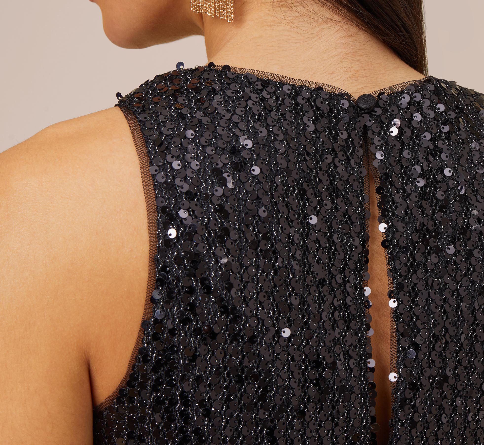 Sequined Trapeze Halter Dress With Feather Trim In Black - Image 4