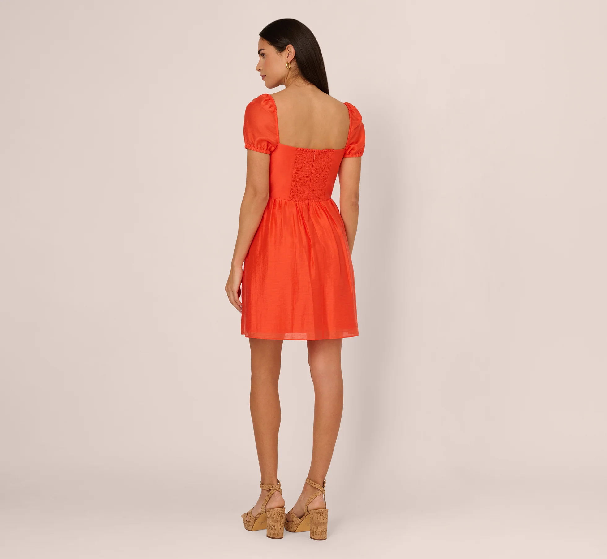 Shirred Fit And Flare Dress With Puff Short Sleeves In Orange Spice - Image 5