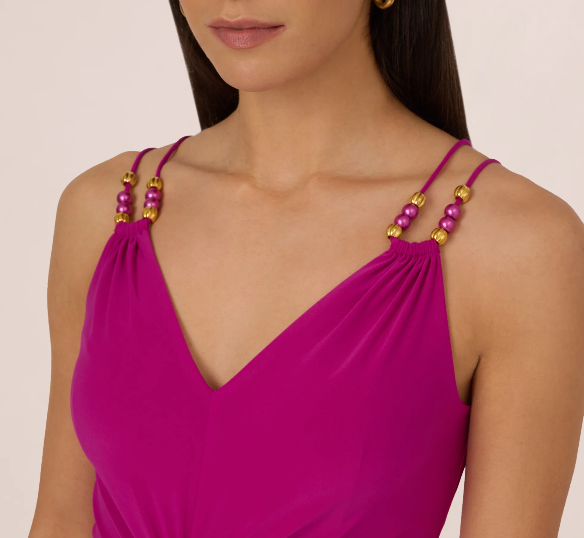Shirred Jersey Dress With Dual Beaded Straps In Hot Magenta - Image 3