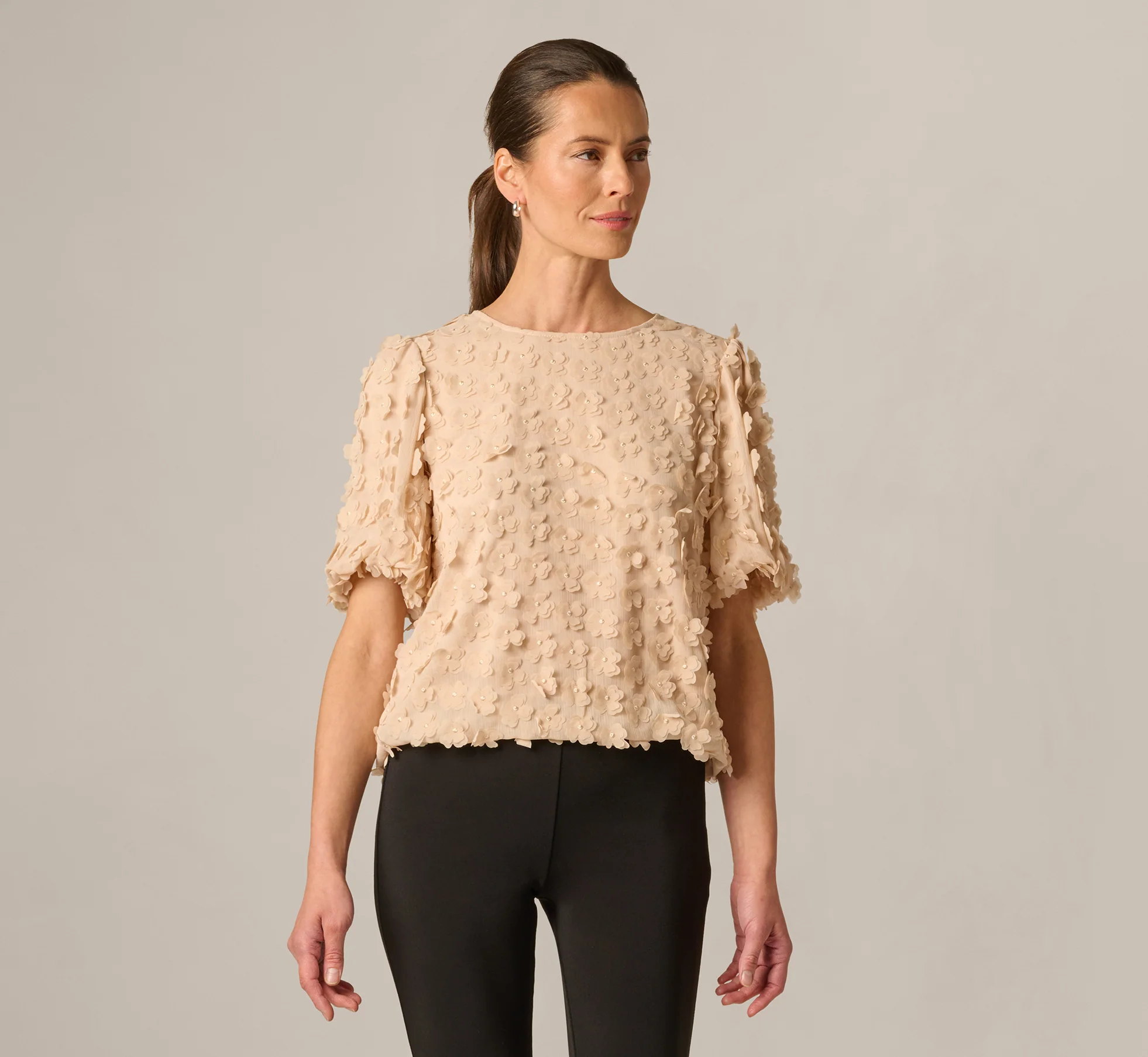 Short Sleeve 3D Flower Bubble Top In Champagne Blush - Image 3