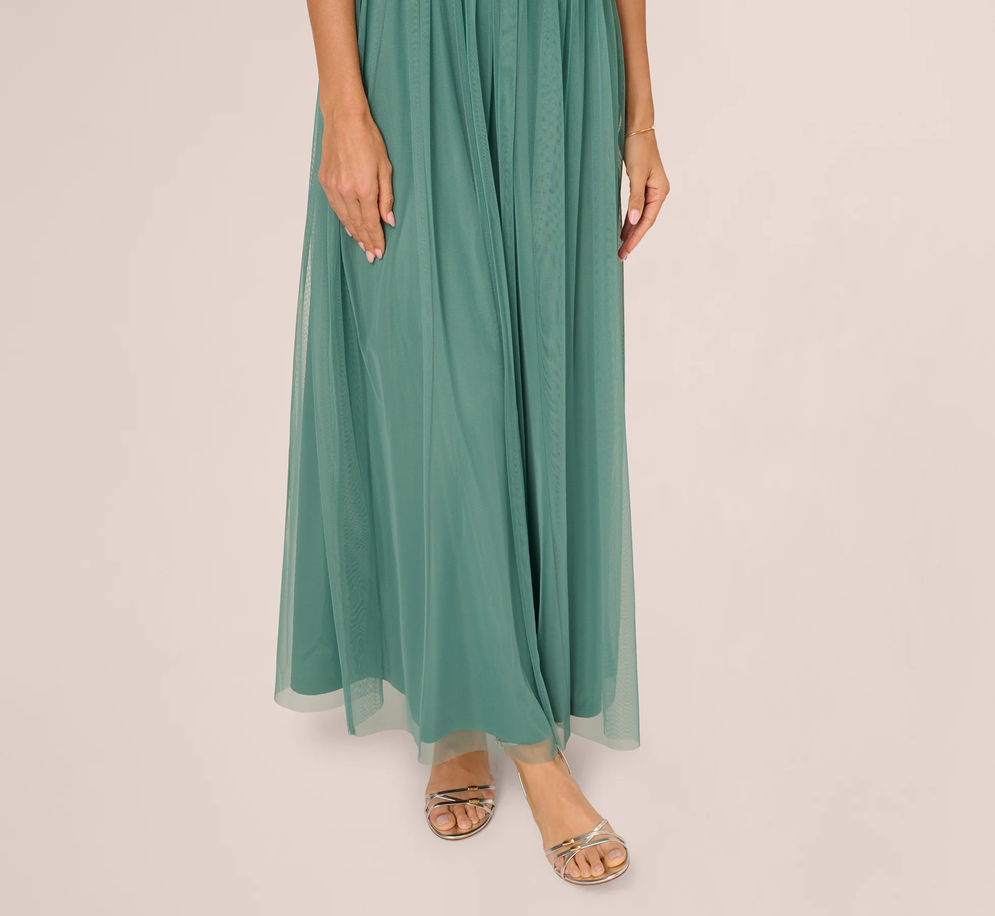 Short Sleeve A Line Beaded Illusion Dress In Green Slate - Image 4