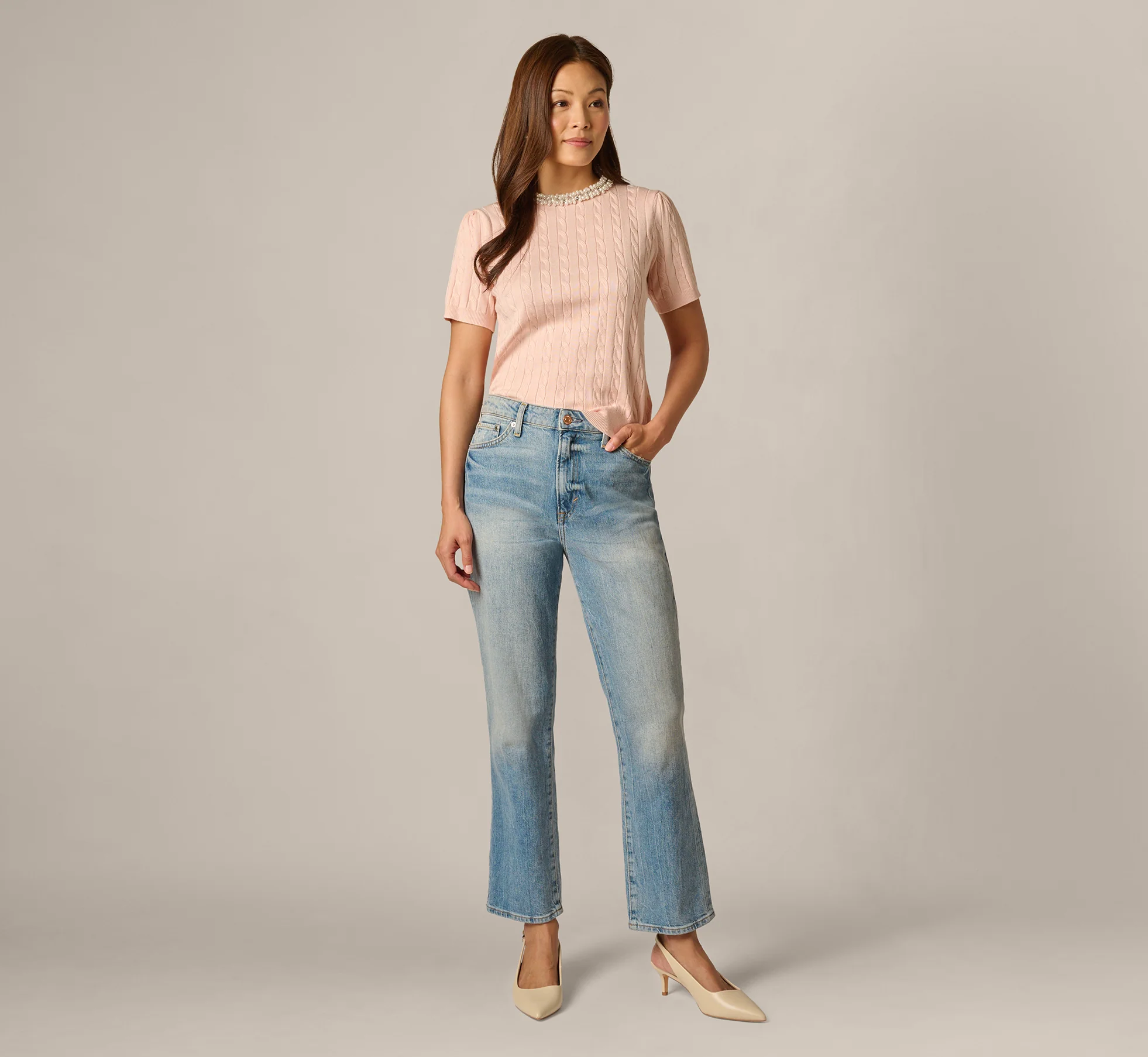 Short Sleeve Beaded Collar Pullover Sweater In Pink Whisper - Image 2
