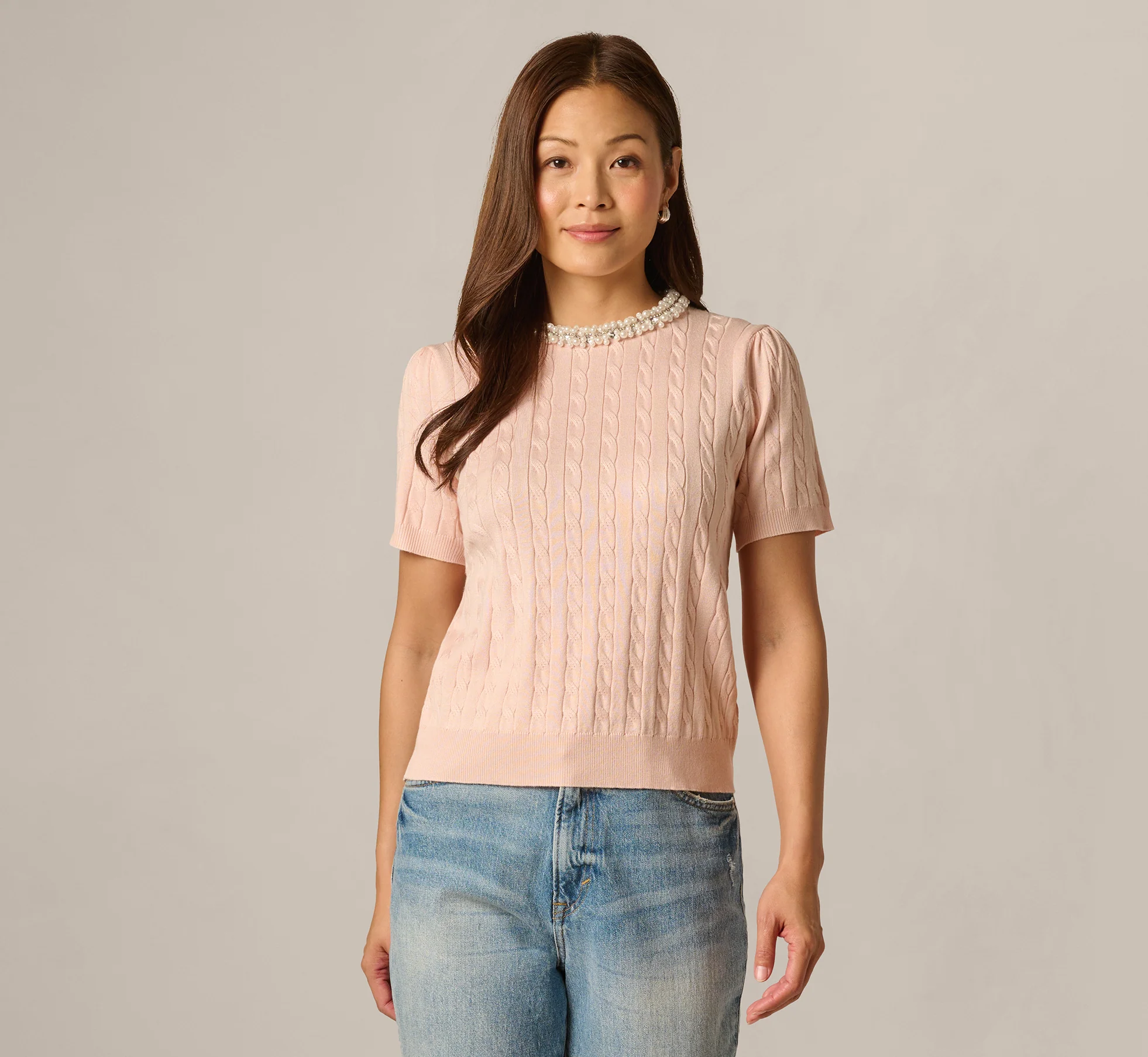 Short Sleeve Beaded Collar Pullover Sweater In Pink Whisper - Image 3