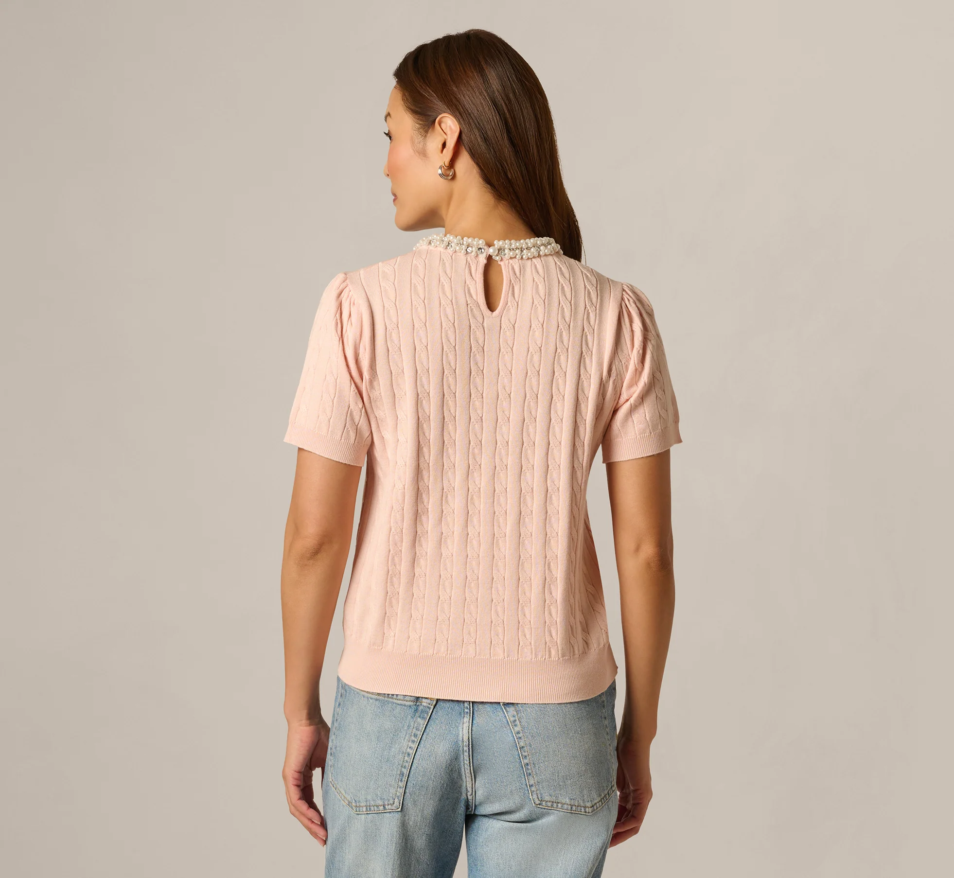 Short Sleeve Beaded Collar Pullover Sweater In Pink Whisper - Image 6